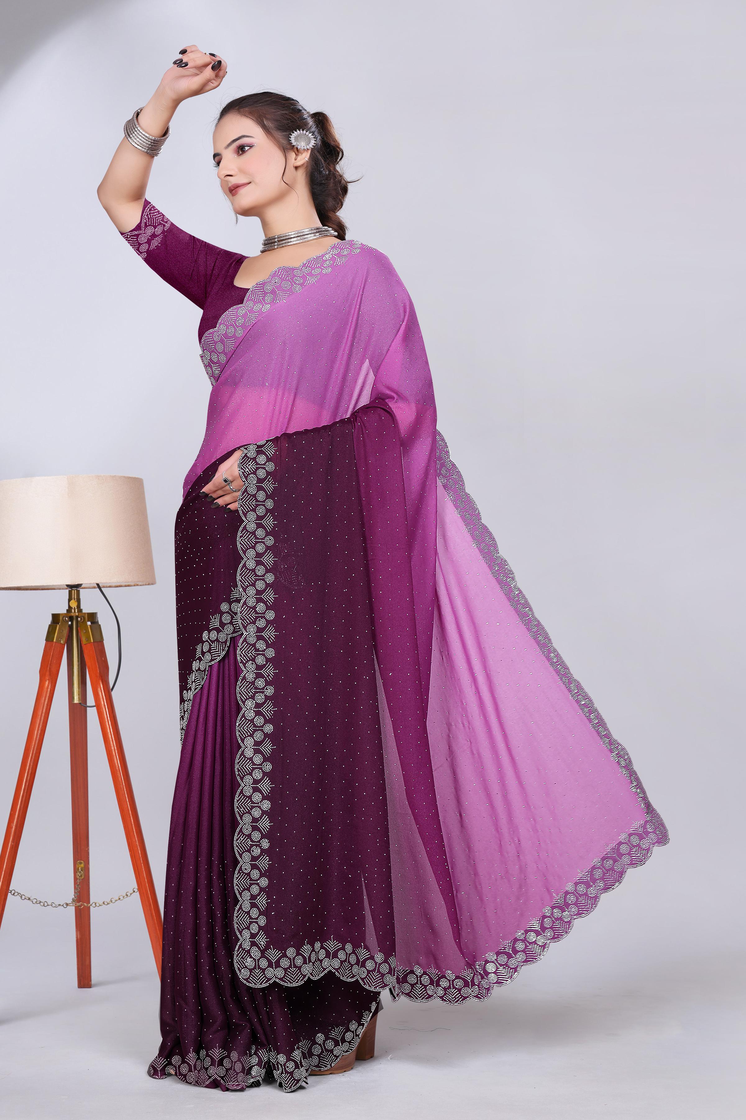 Wine Diamond Work Chiffon Designer Saree