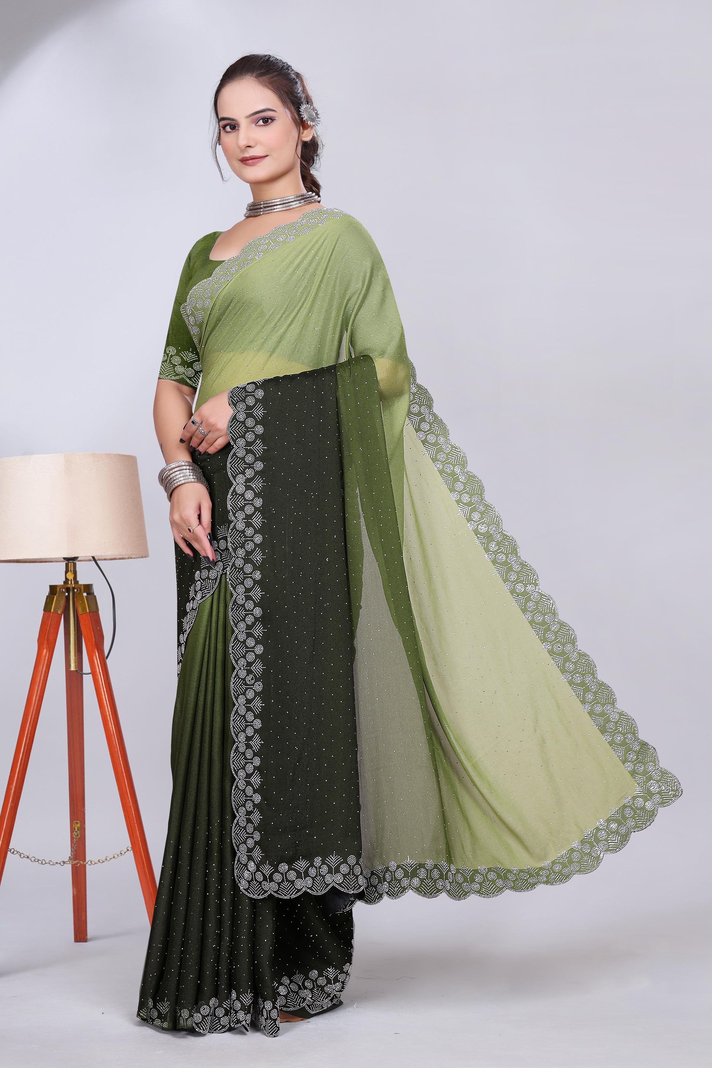 Olive Green Diamond Work Chiffon Designer Saree