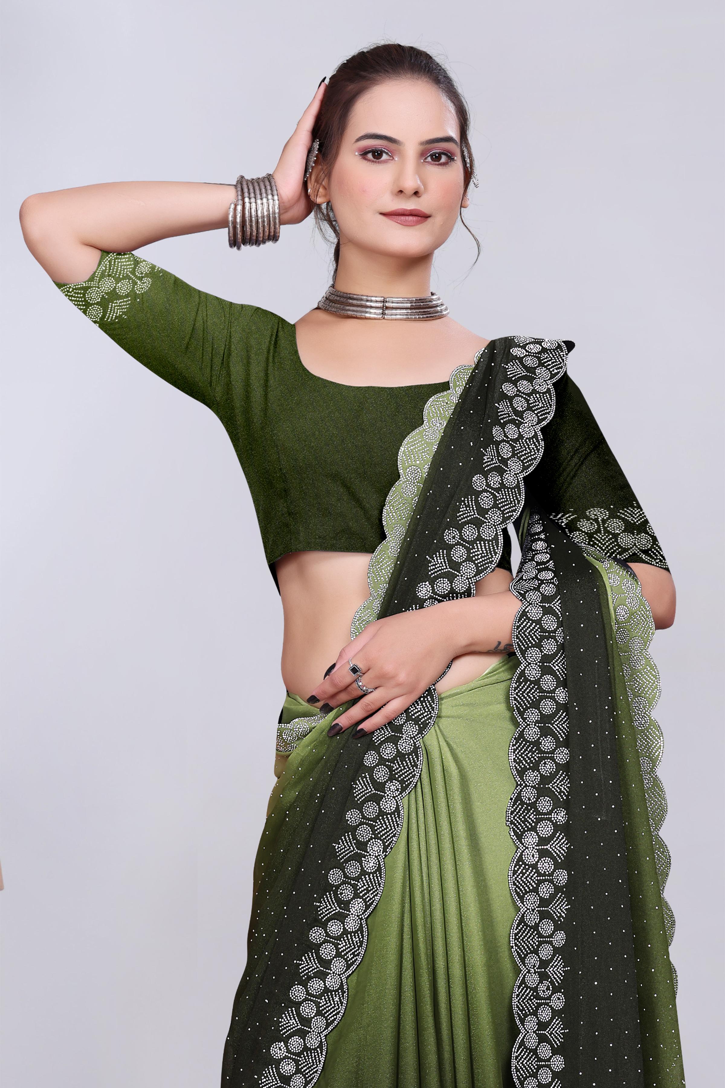 Olive Green Diamond Work Chiffon Designer Saree