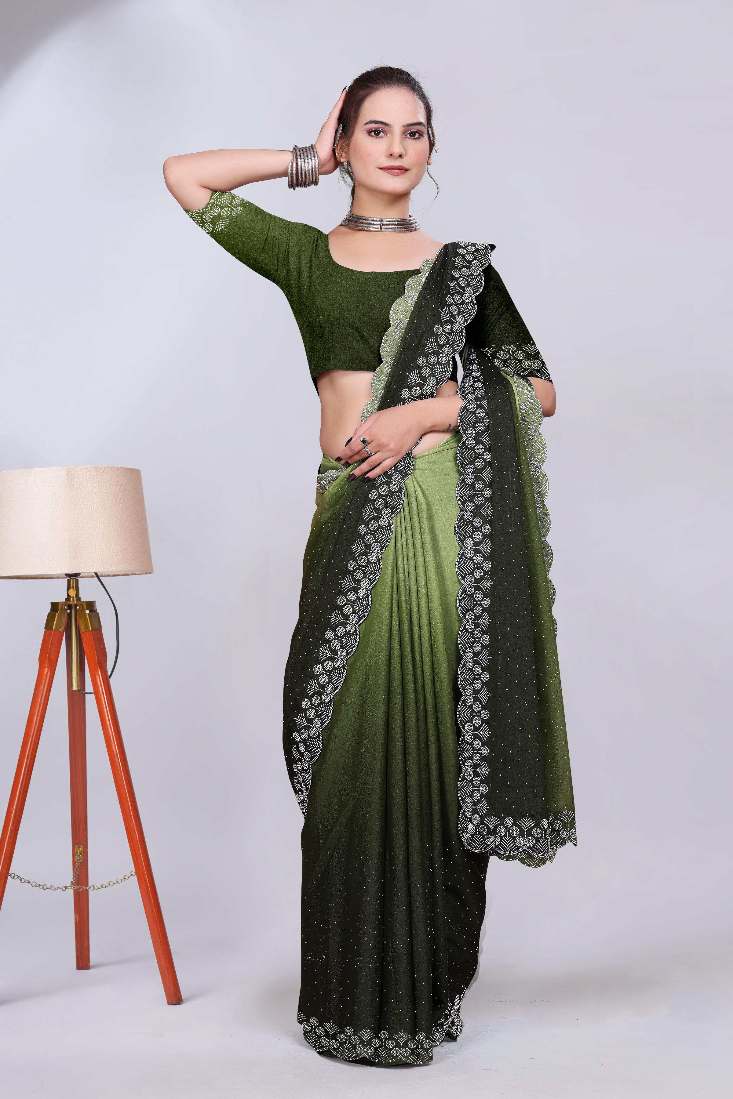 Olive Green Diamond Work Chiffon Designer Saree