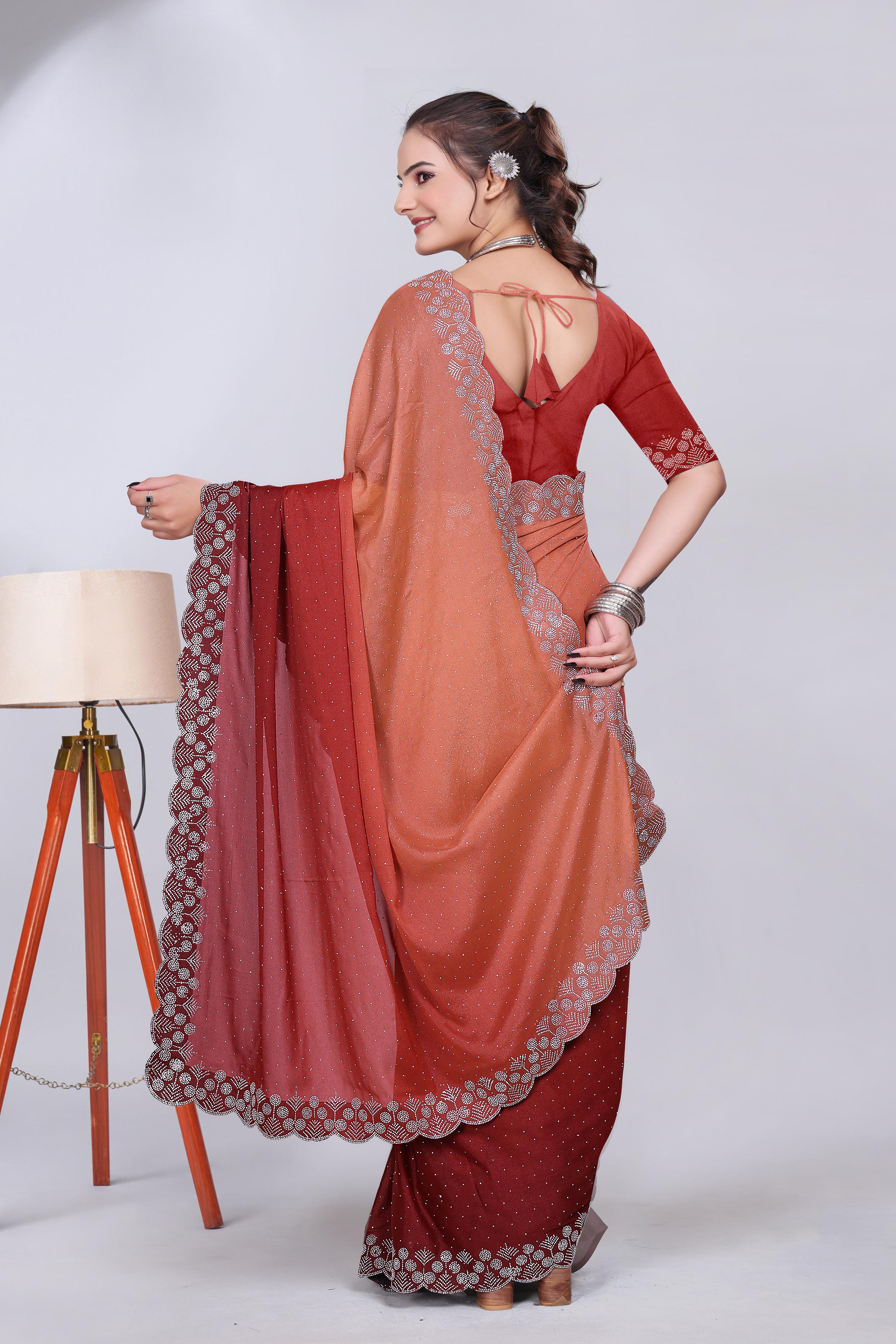Rust Orange Diamond Work Chiffon Designer Saree