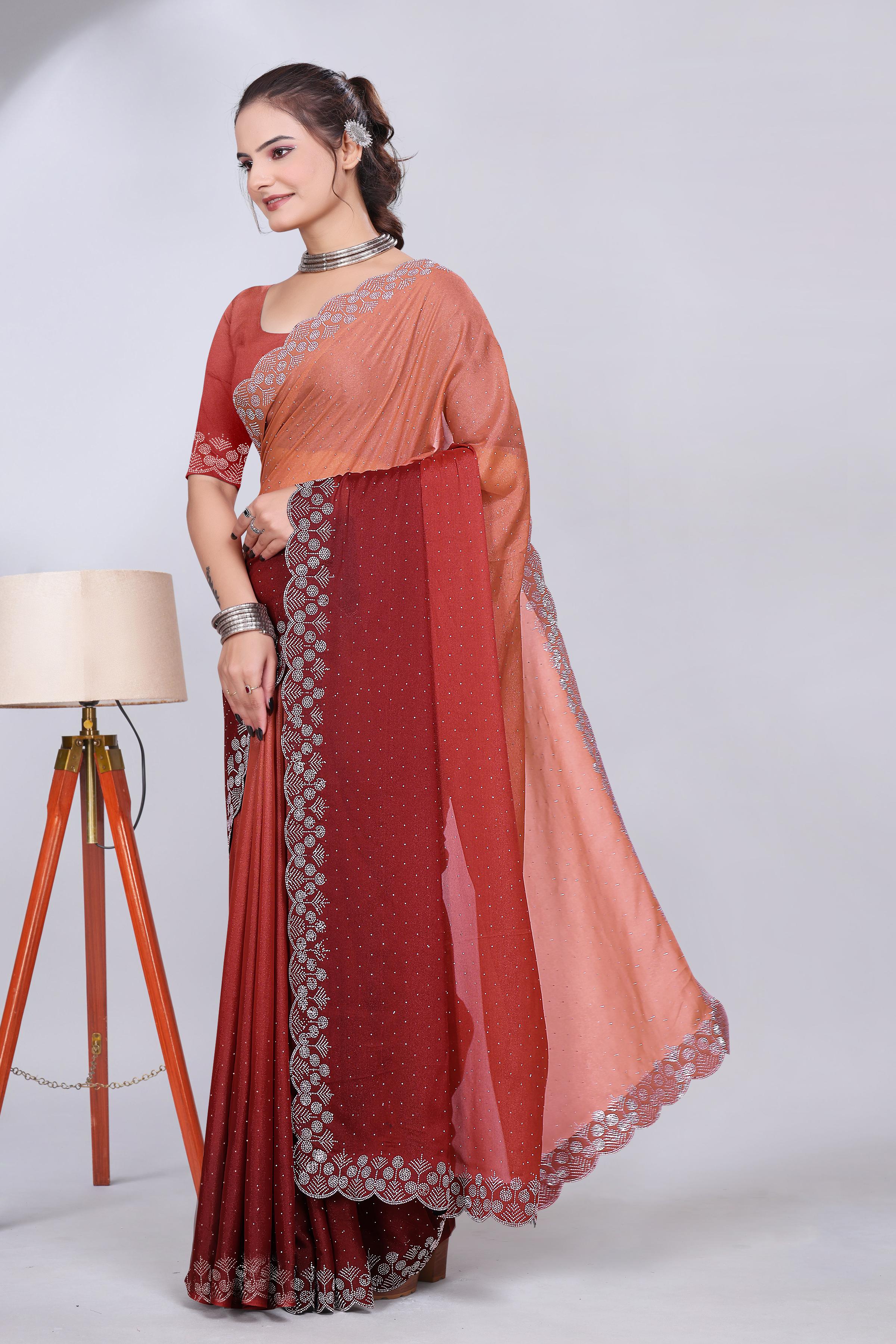 Rust Orange Diamond Work Chiffon Designer Saree