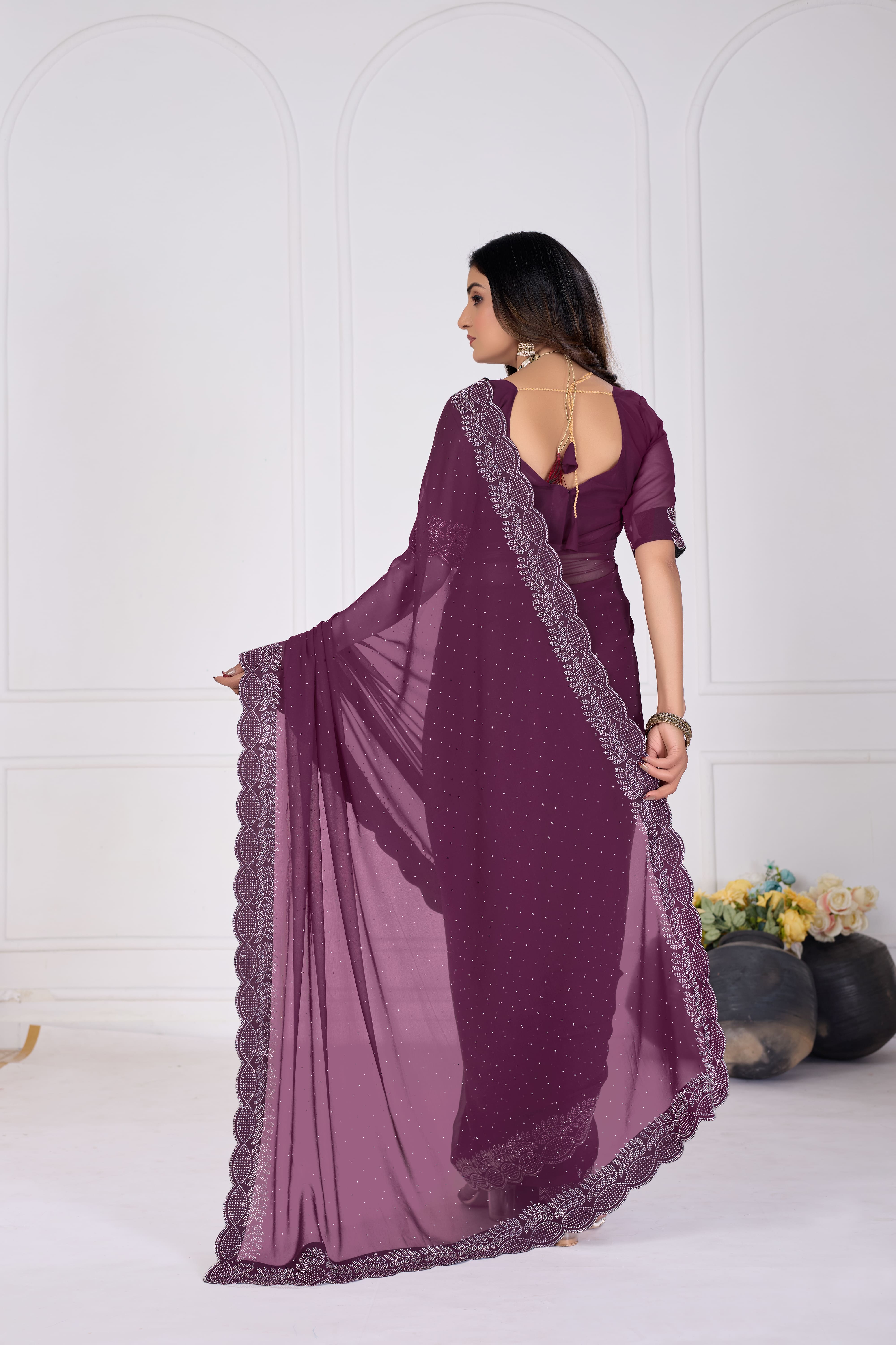 Purple Stone Work Saree with Designer Stone Border