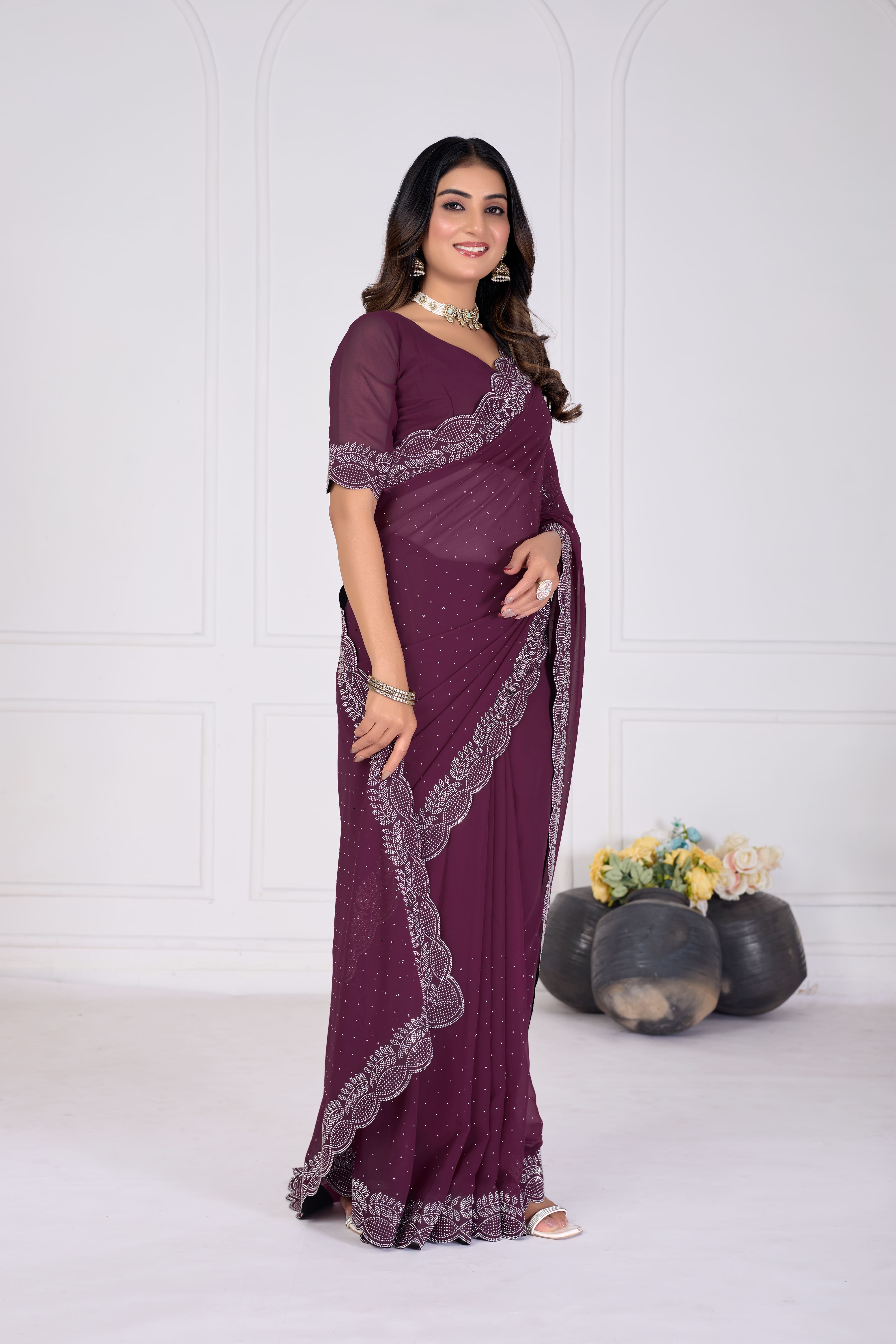 Purple Stone Work Saree with Designer Stone Border