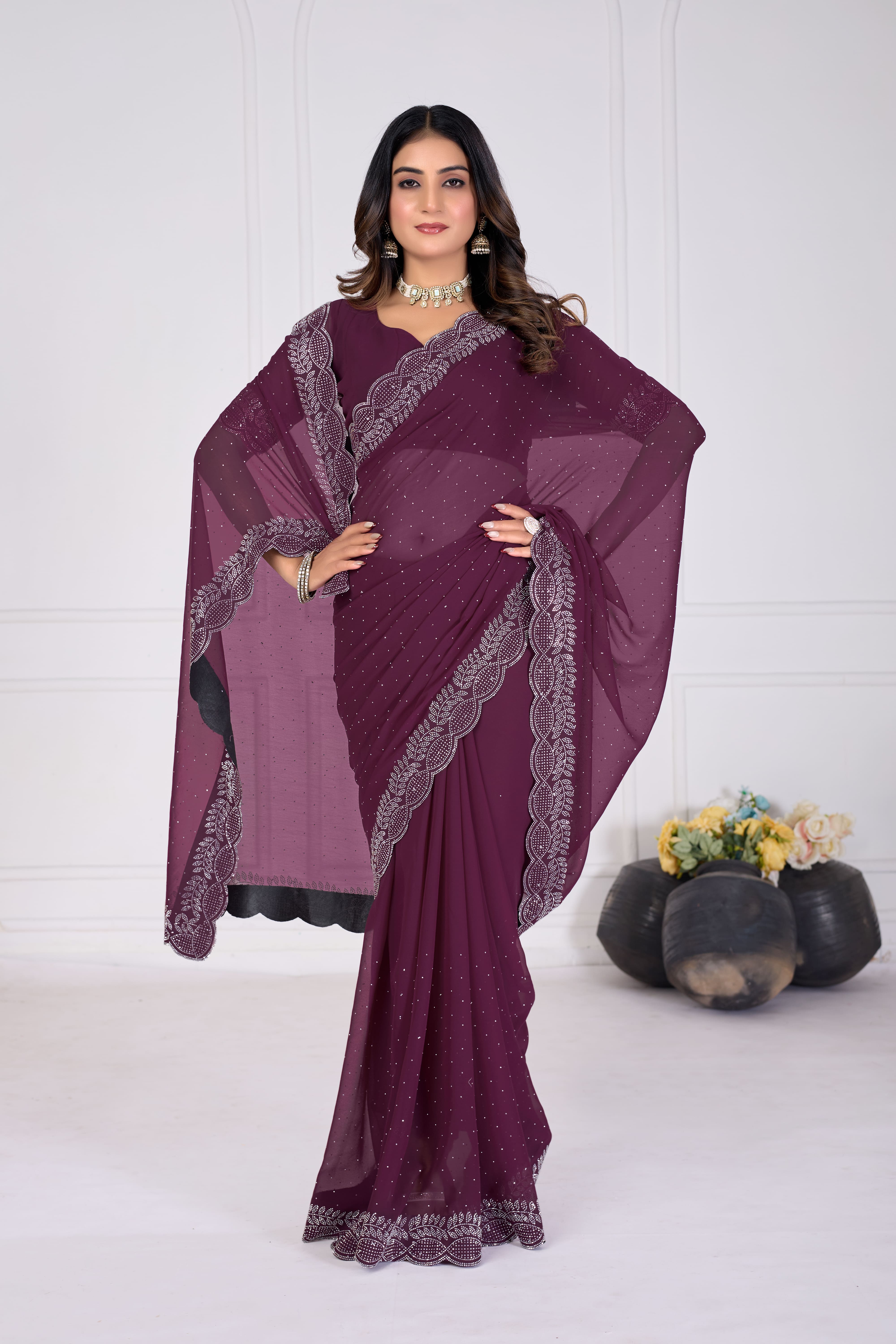 Purple Stone Work Saree with Designer Stone Border
