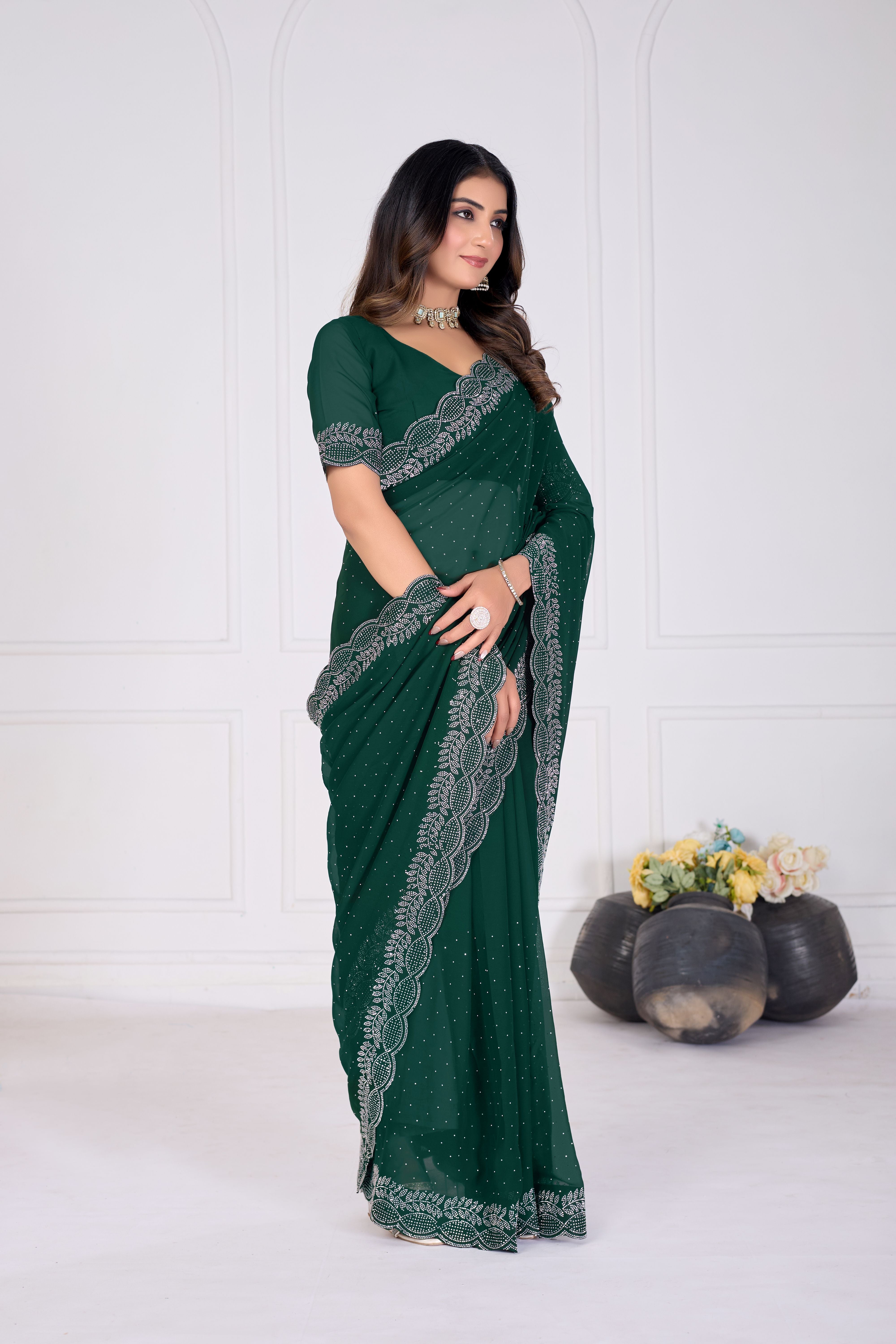 Green Stone Work Saree with Designer Stone Border