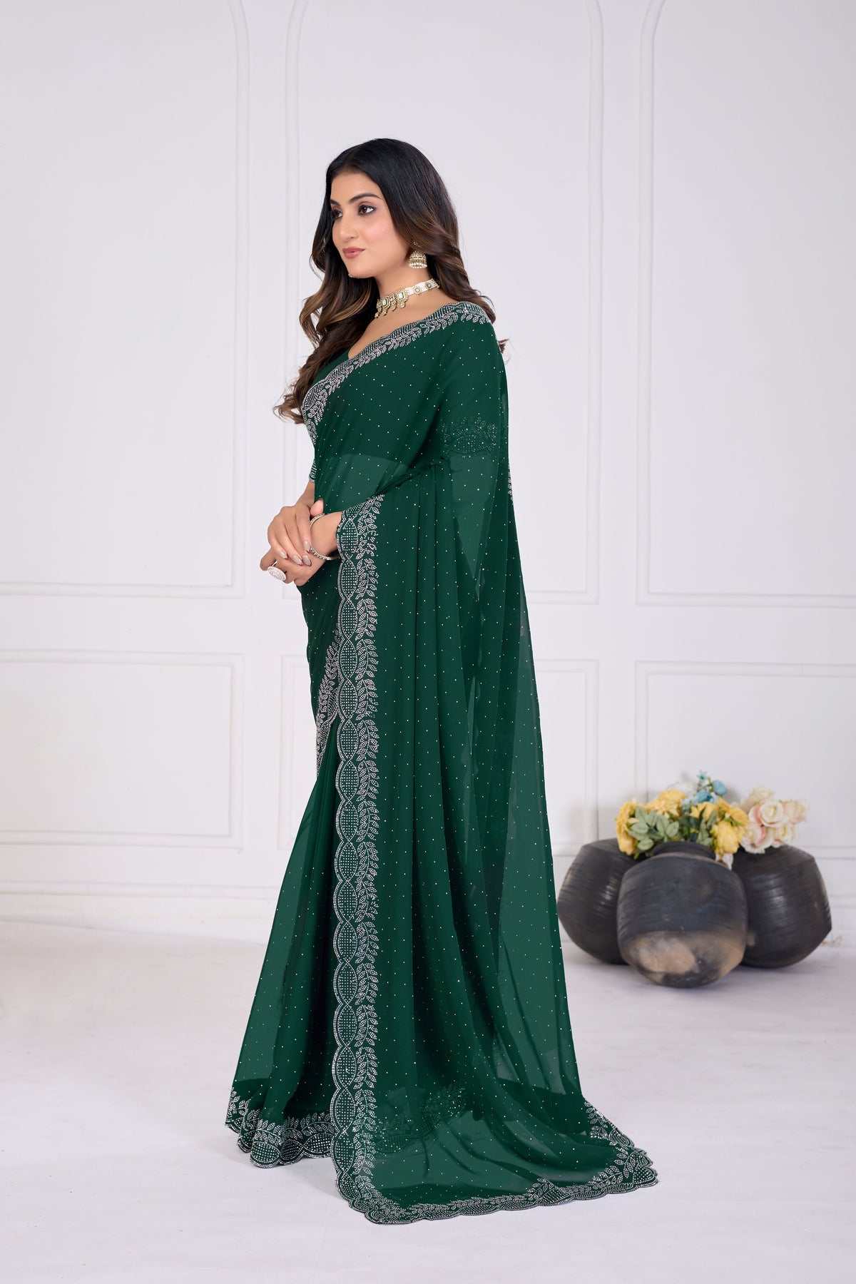 Green Stone Work Saree with Designer Stone Border