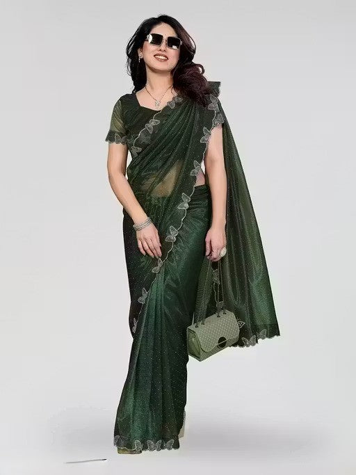 Green Shimmer Tissue Saree with Butterfly Hotfix Lace Border