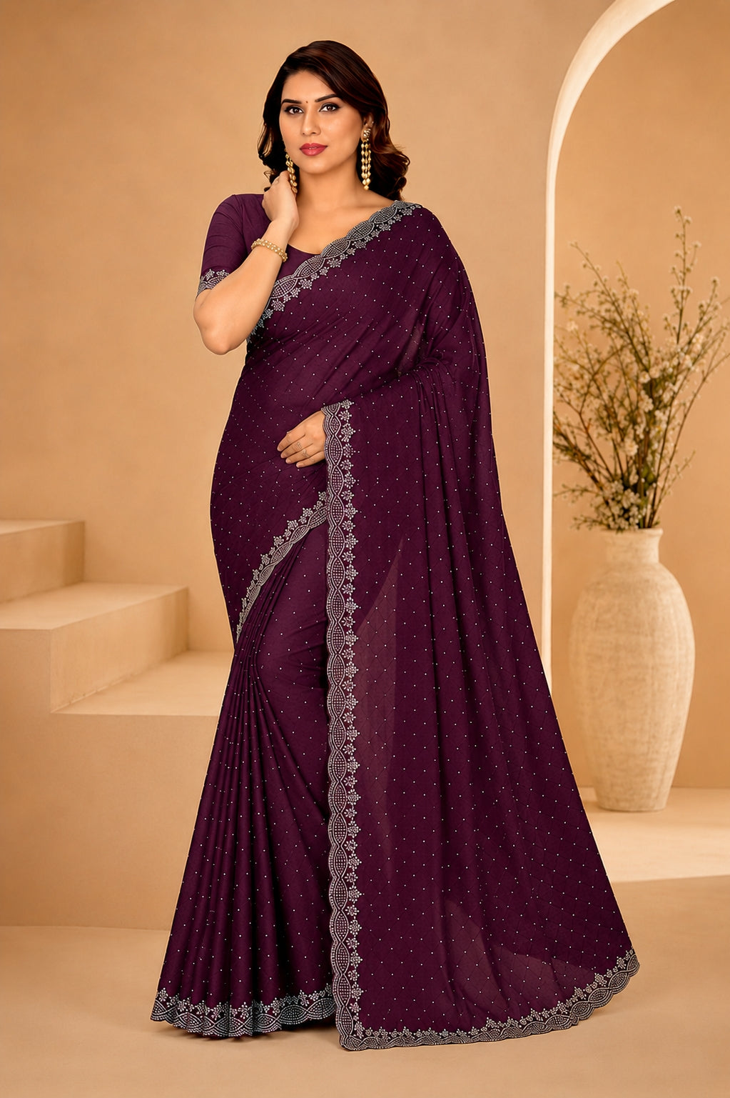 Wine Purple Hotfix Stone Work Saree with Designer Stone Border