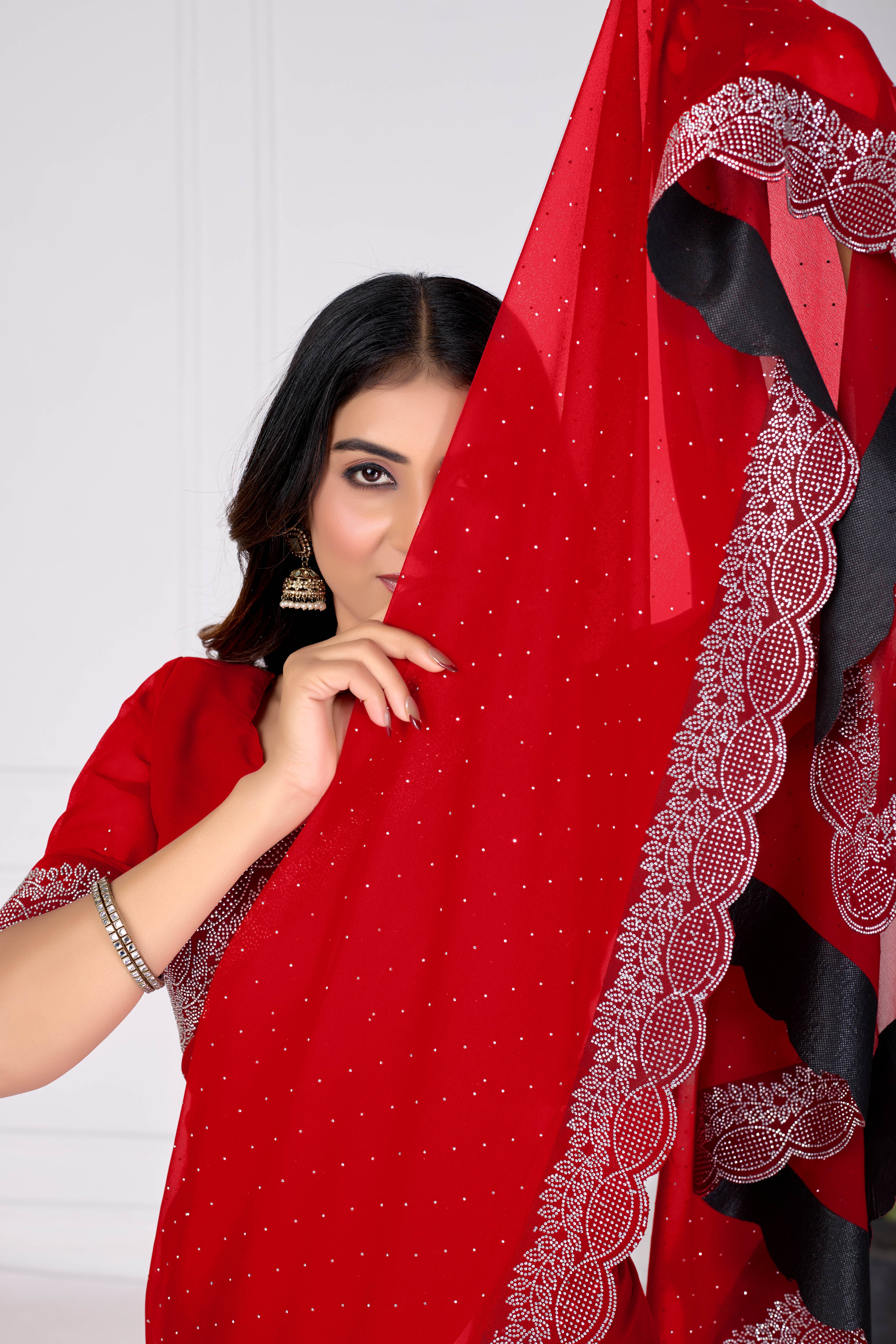 Red Stone Work Saree with Designer Stone Border