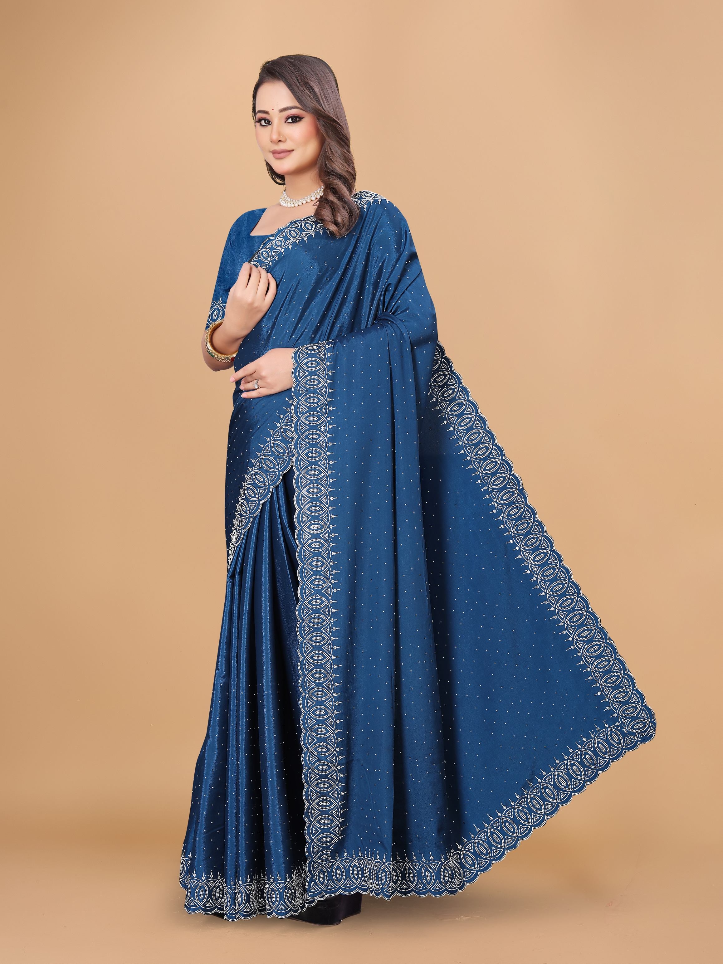 Steel Blue Georgette Diamond Work Party Wear Saree