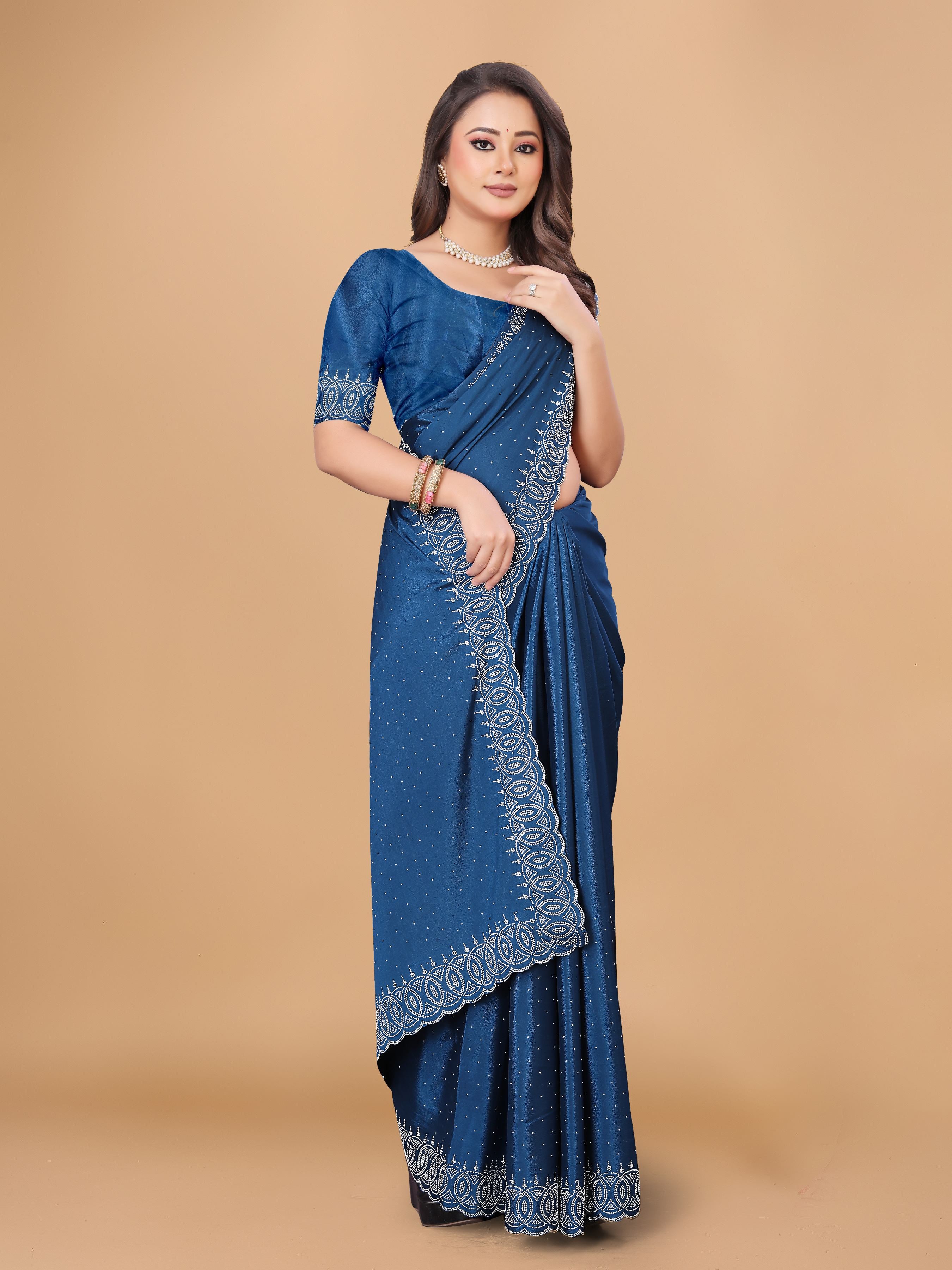 Steel Blue Georgette Diamond Work Party Wear Saree