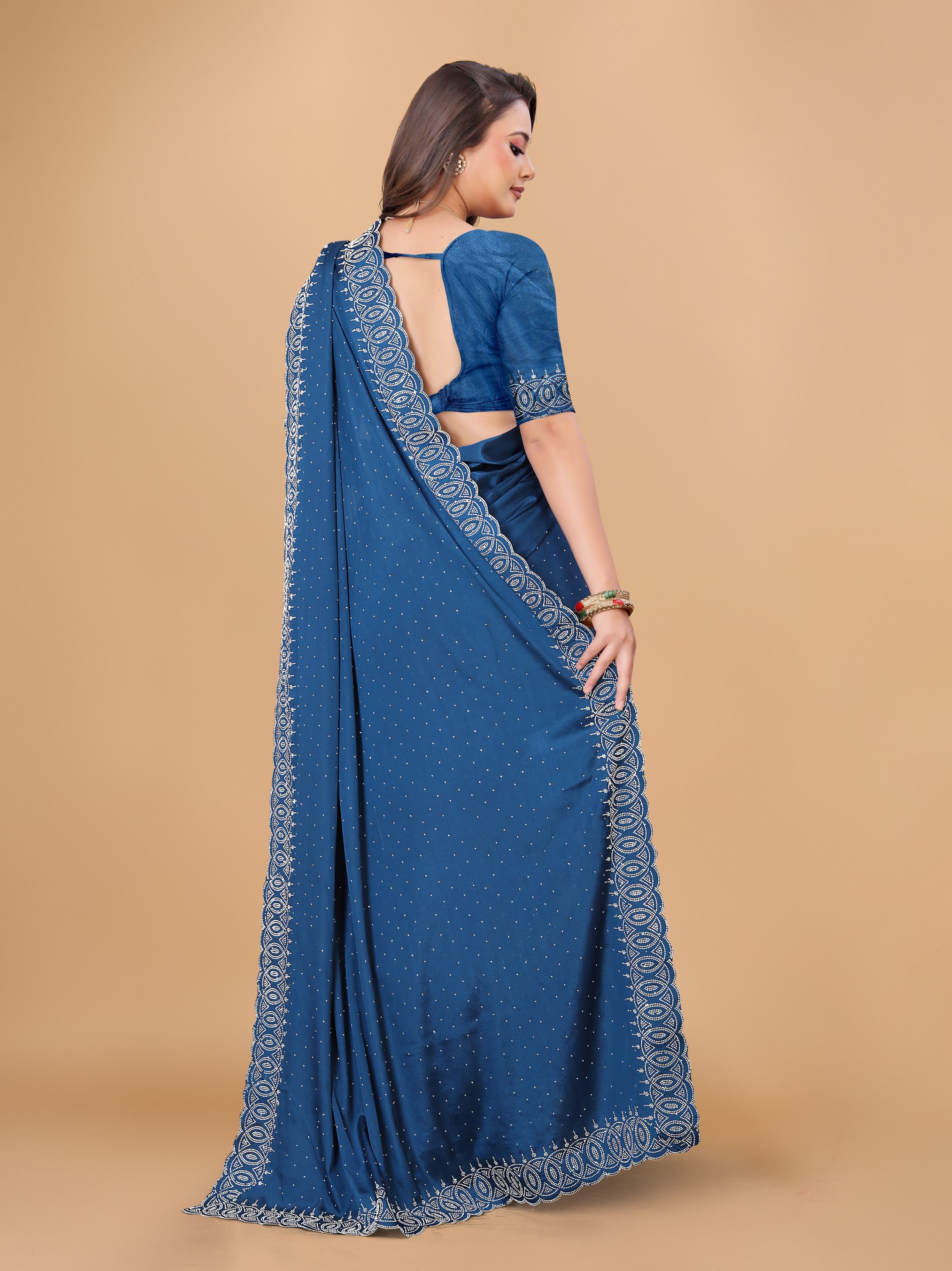 Steel Blue Georgette Diamond Work Party Wear Saree
