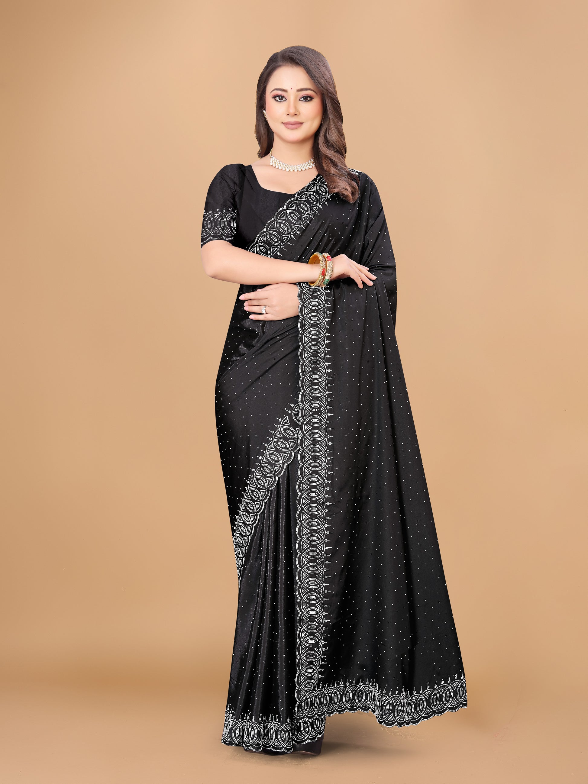 BEAUTIFUL DIAMOND WORK CREPE SAREE WITH BLOUSE