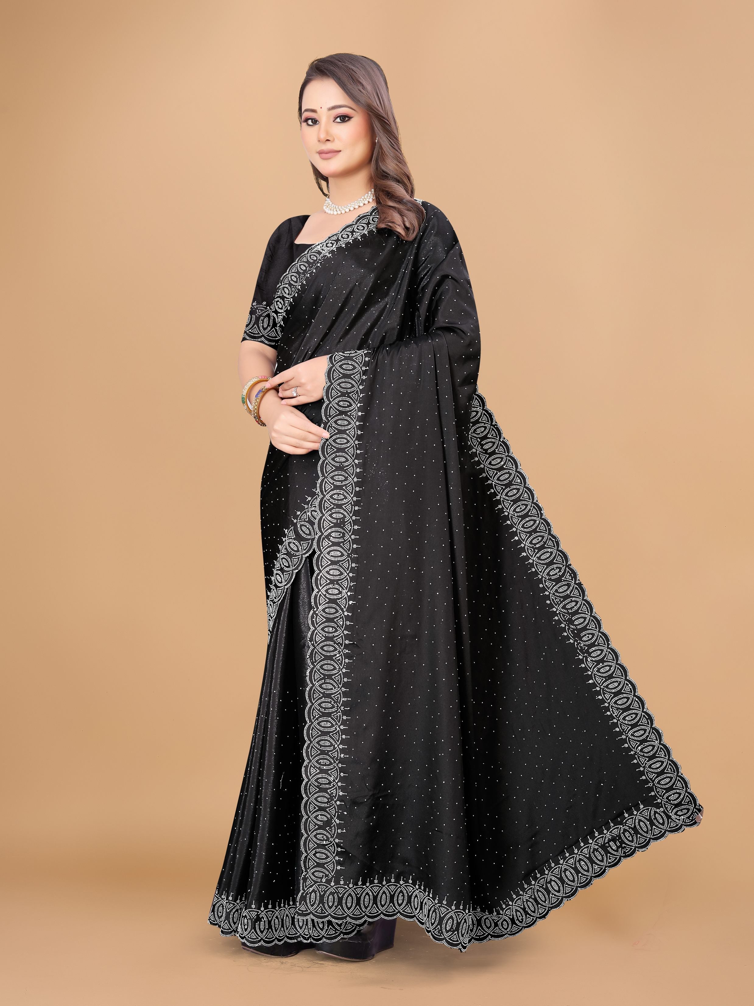 Black Georgette Diamond Work Party Wear Saree