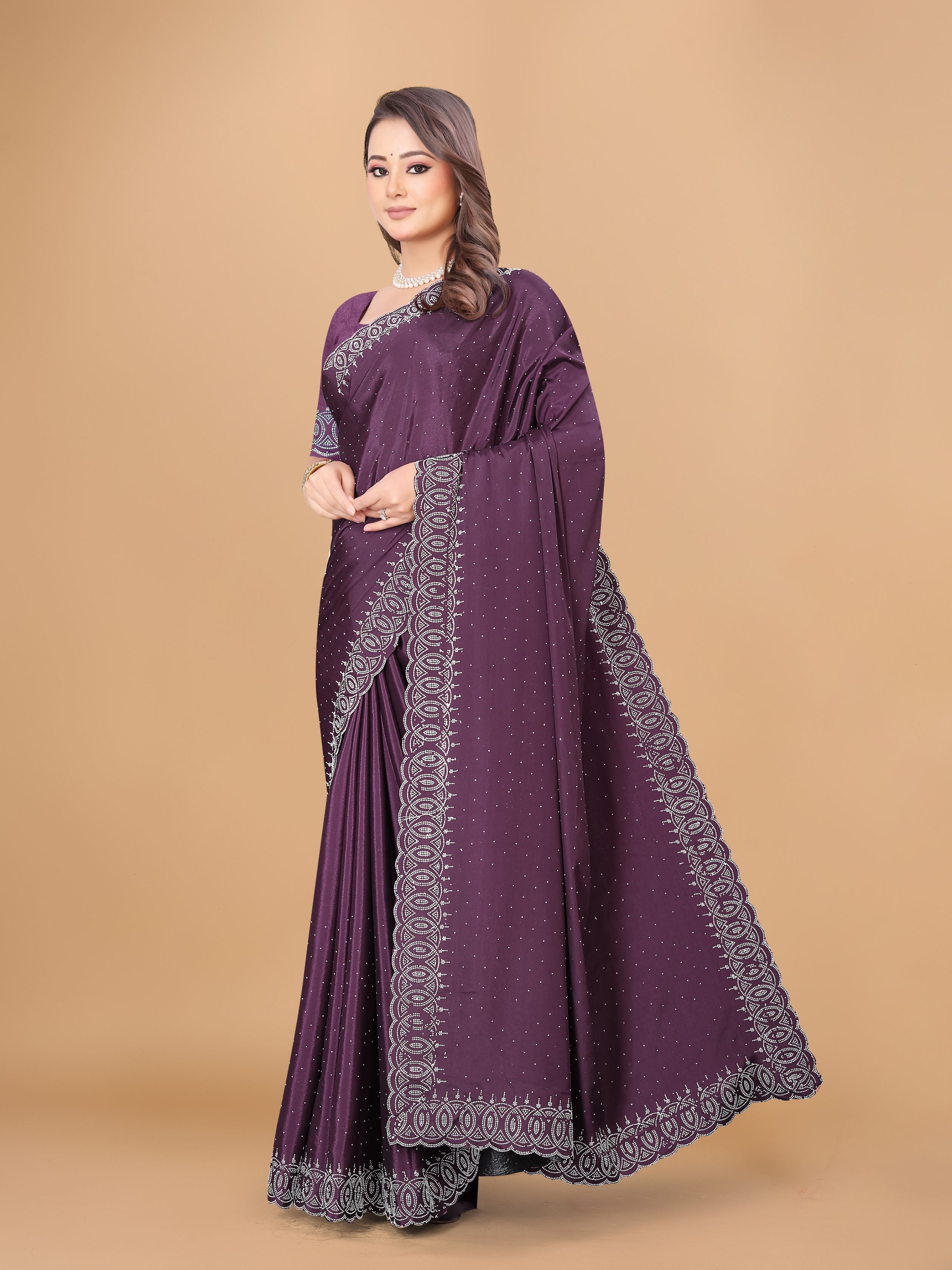Plum Purple Georgette Diamond Work Party Wear Saree