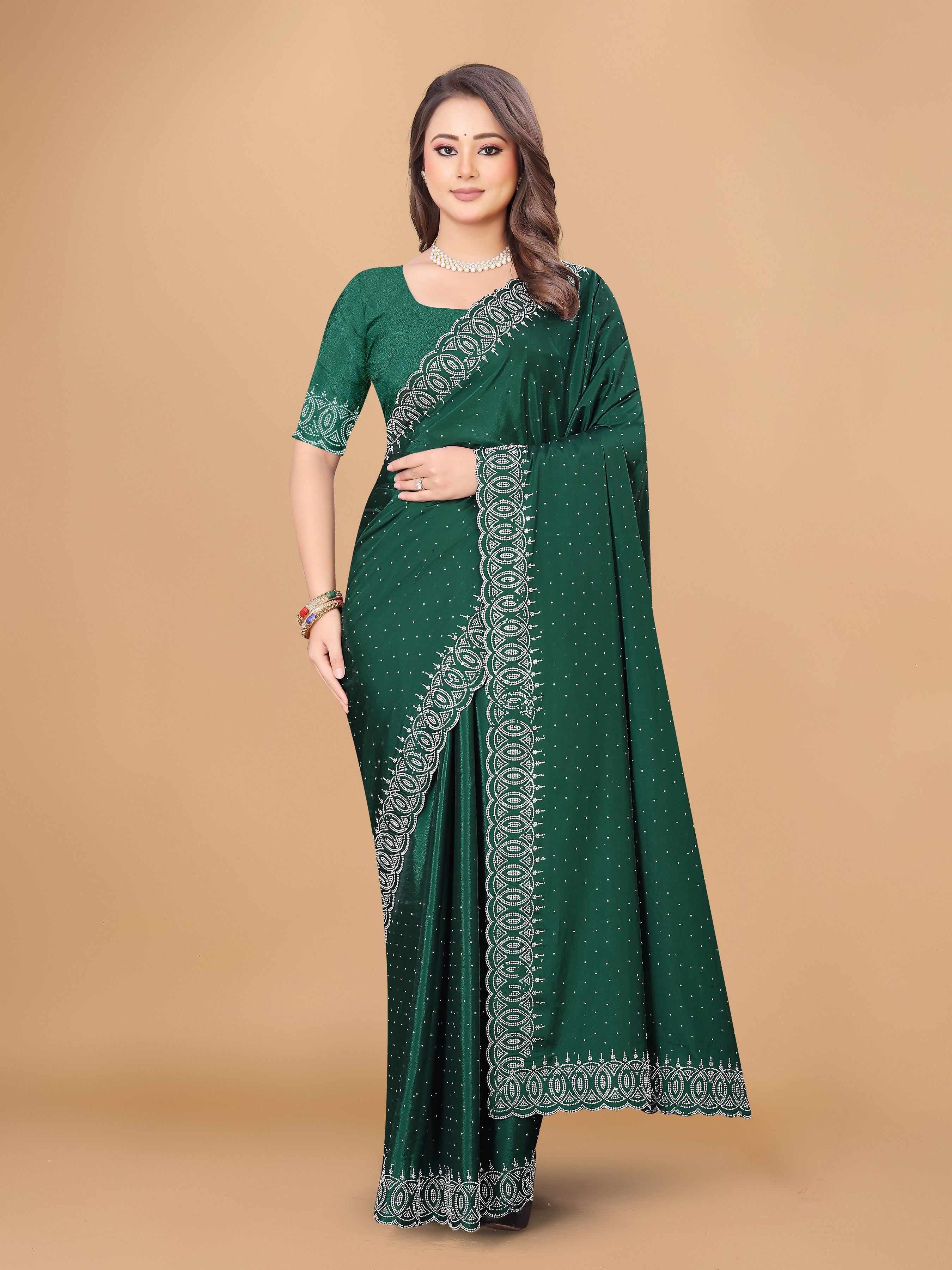 Bottle Green Georgette Diamond Work Party Wear Saree