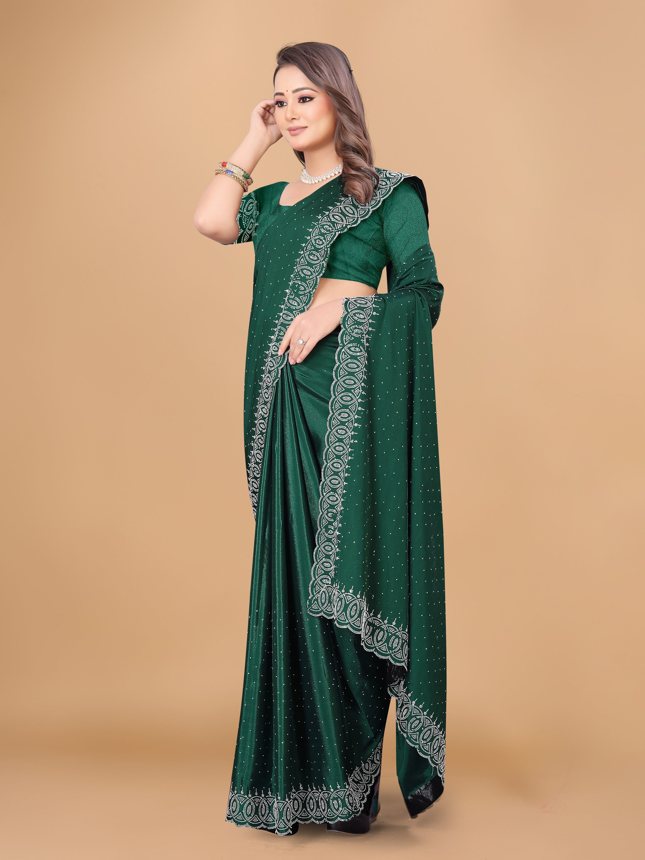 Bottle Green Georgette Diamond Work Party Wear Saree