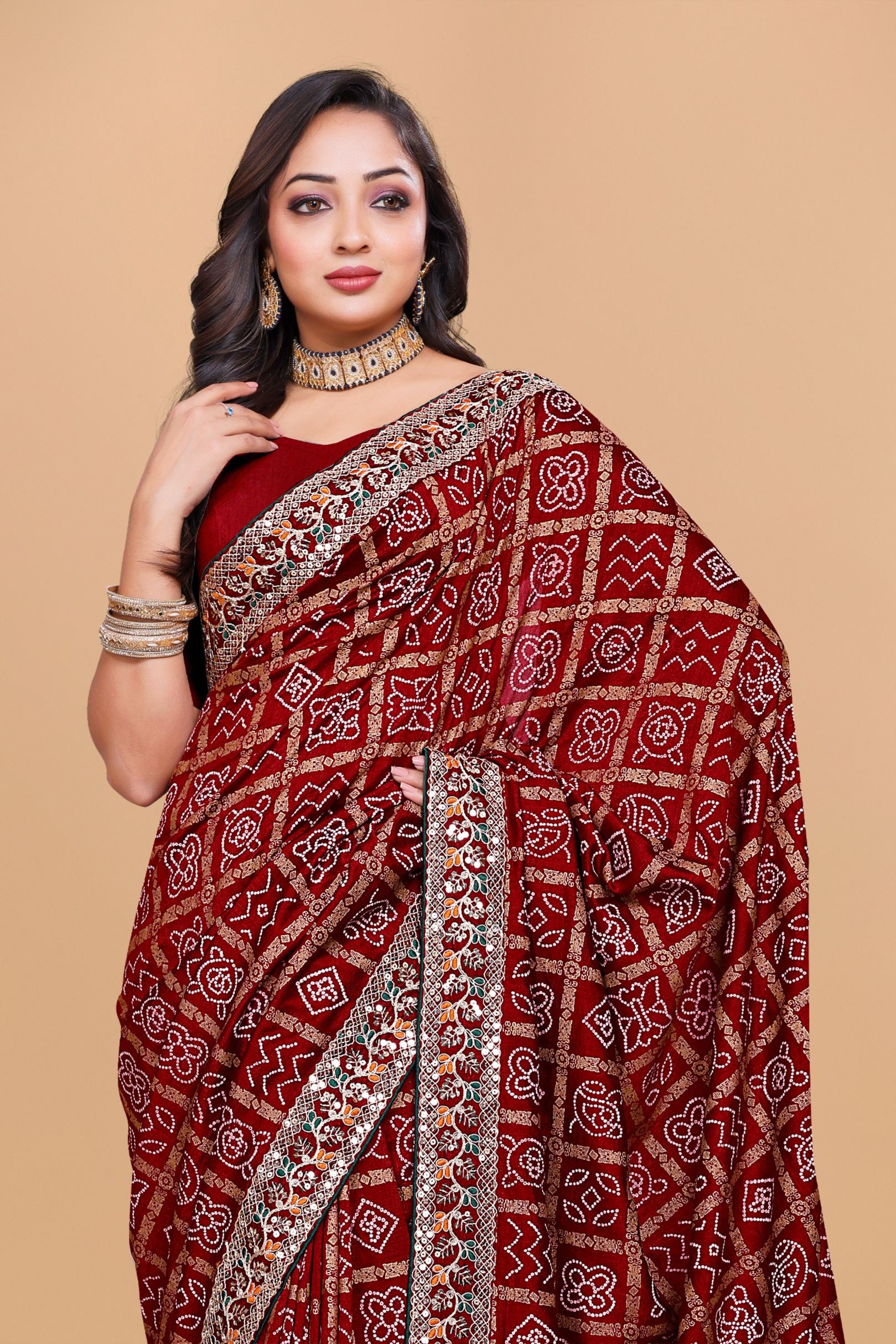 Red Designer Bandhani Print Georgette Saree with Fancy Lace Border