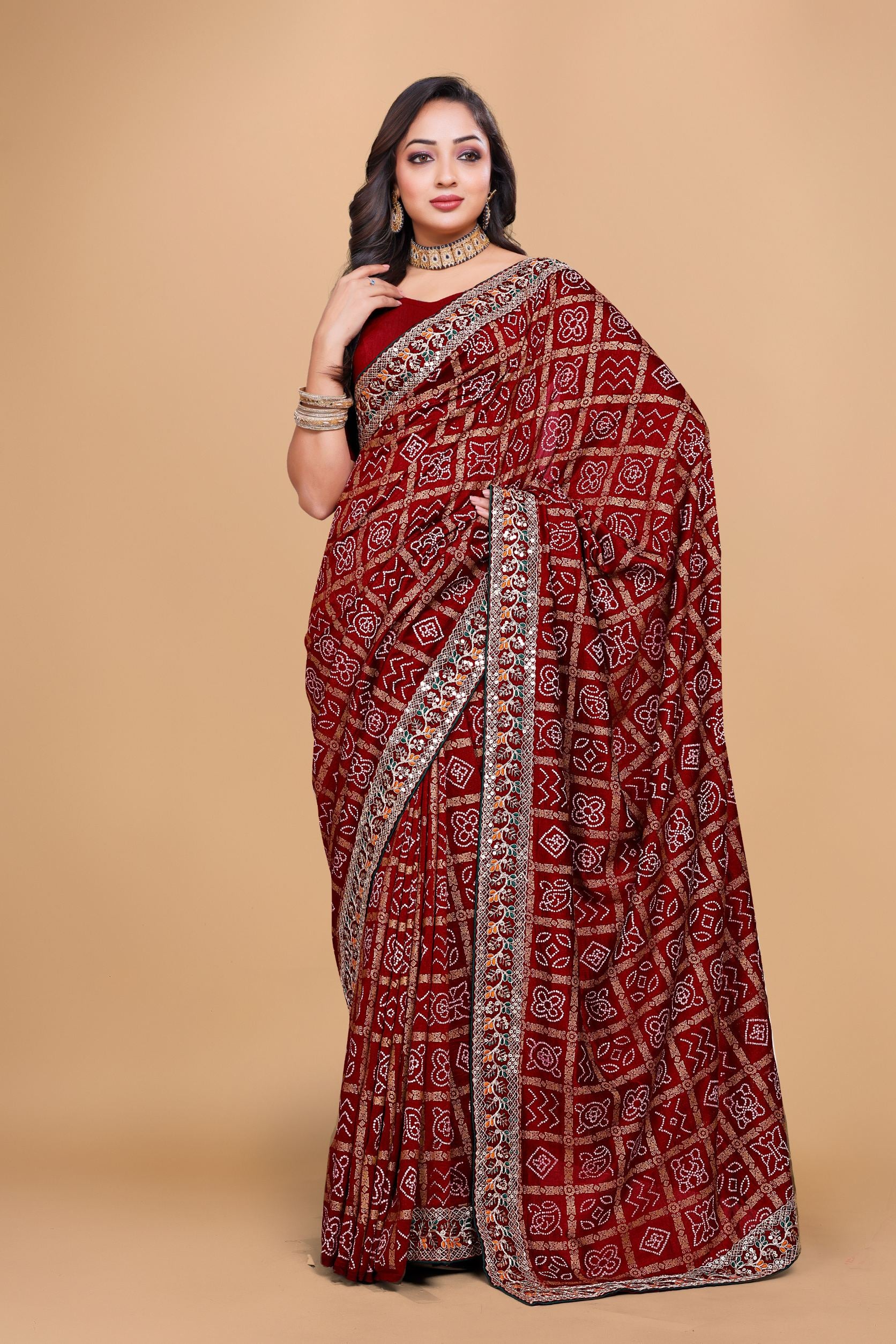 Red Designer Bandhani Print Georgette Saree with Fancy Lace Border