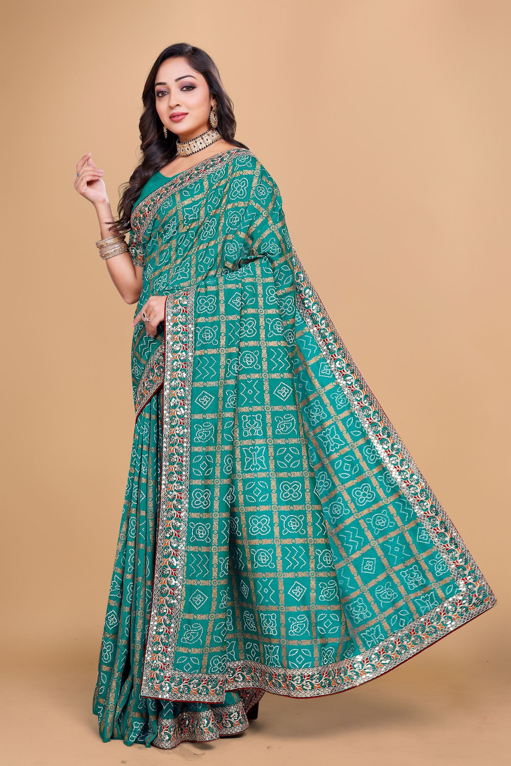 Rama Designer Bandhani Print Georgette Saree with Fancy Lace Border