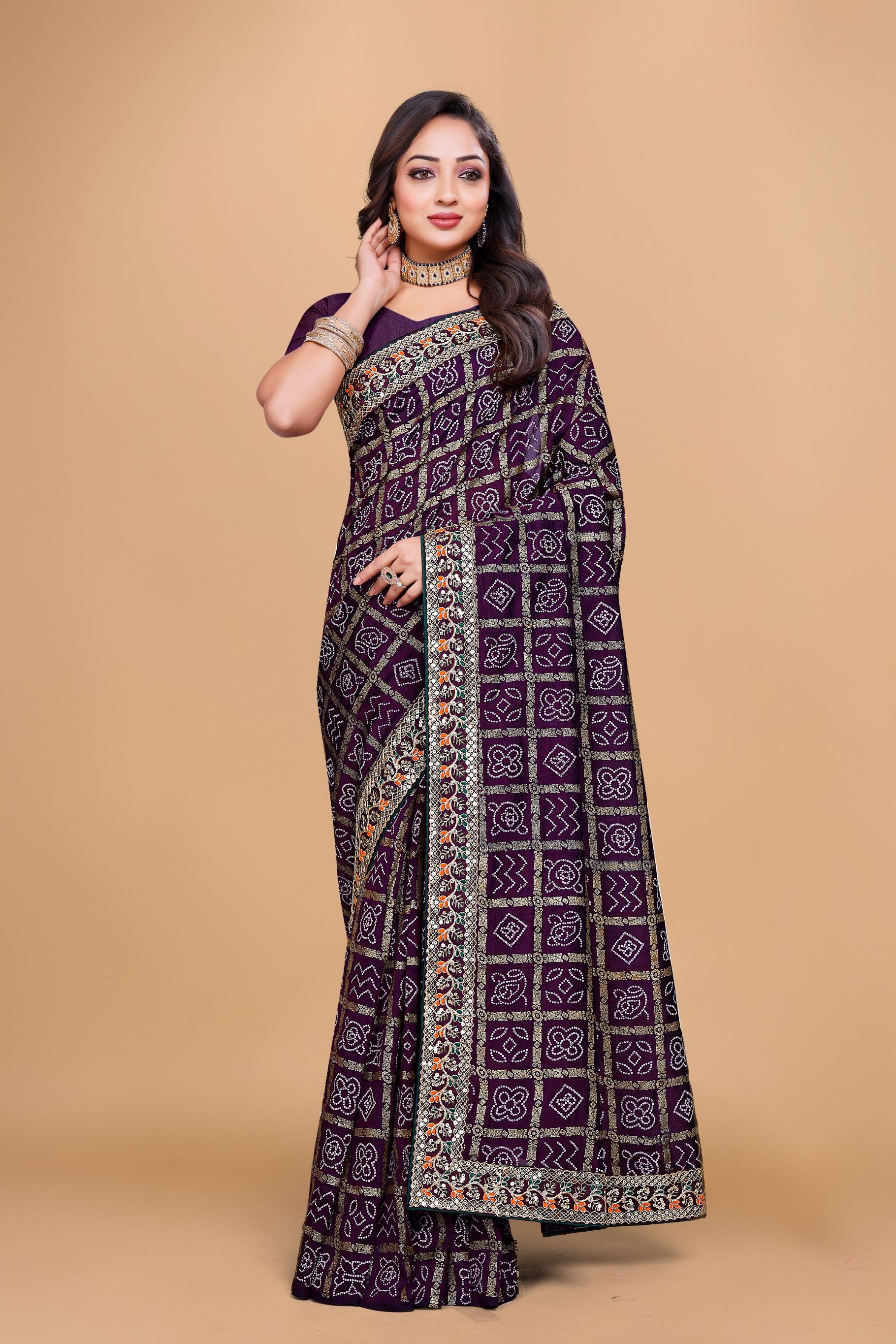 Purple Designer Bandhani Print Georgette Saree with Fancy Lace Border