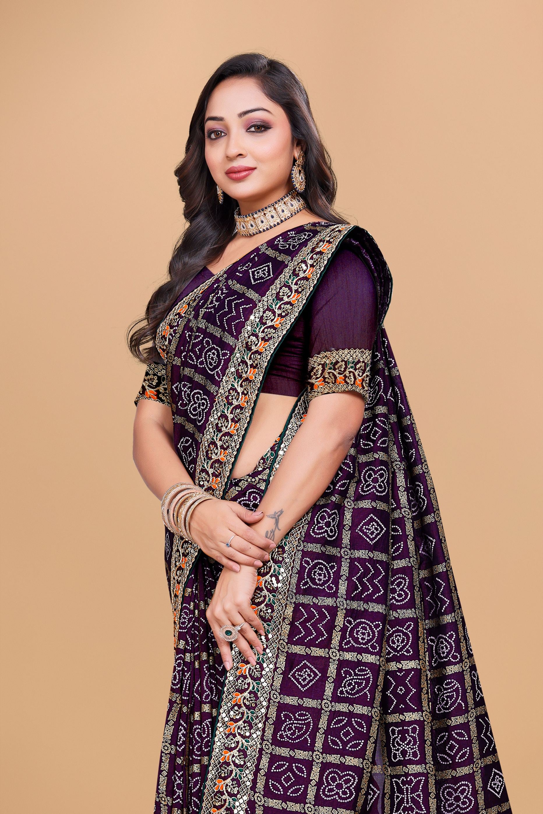 Purple Designer Bandhani Print Georgette Saree with Fancy Lace Border
