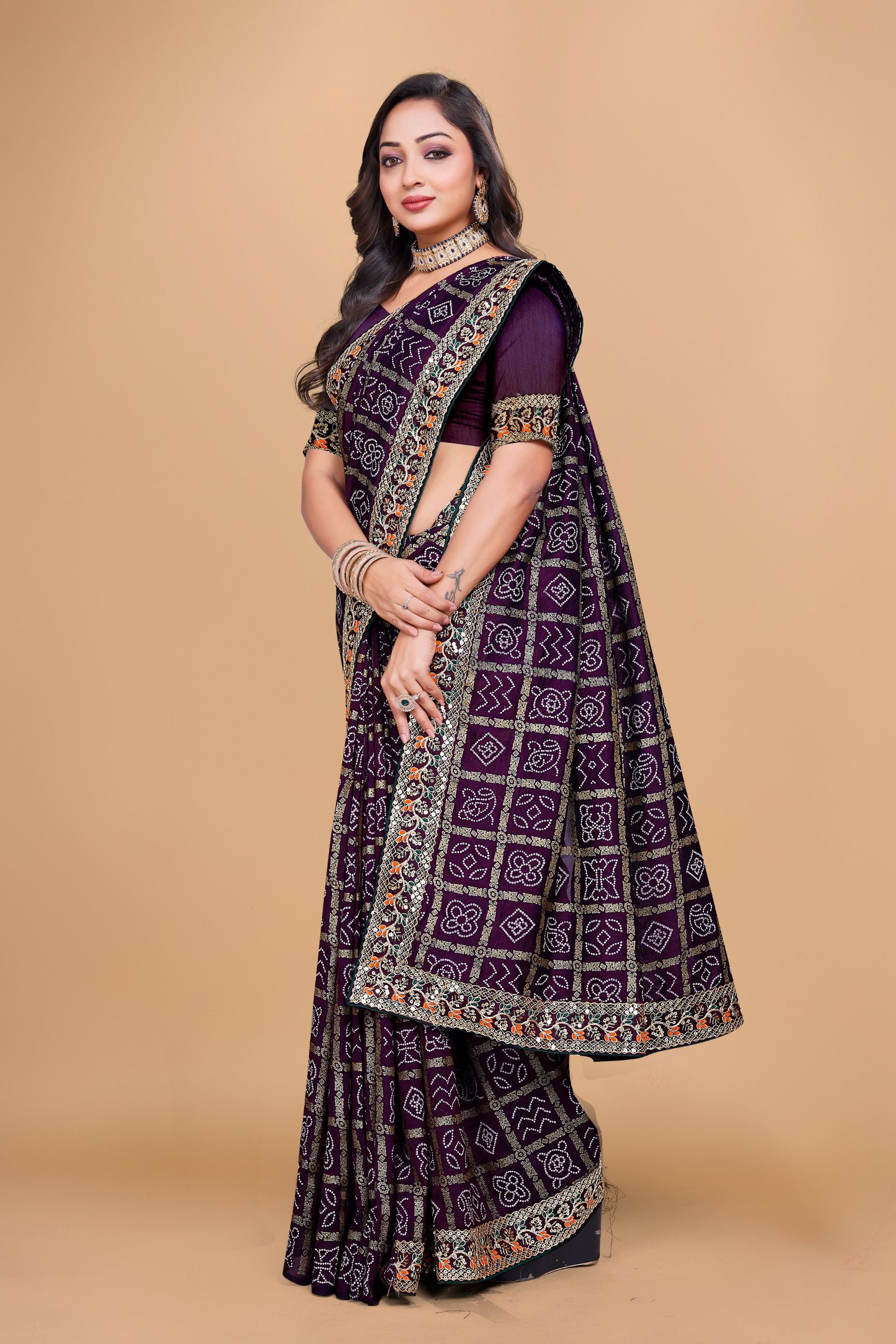 Purple Designer Bandhani Print Georgette Saree with Fancy Lace Border