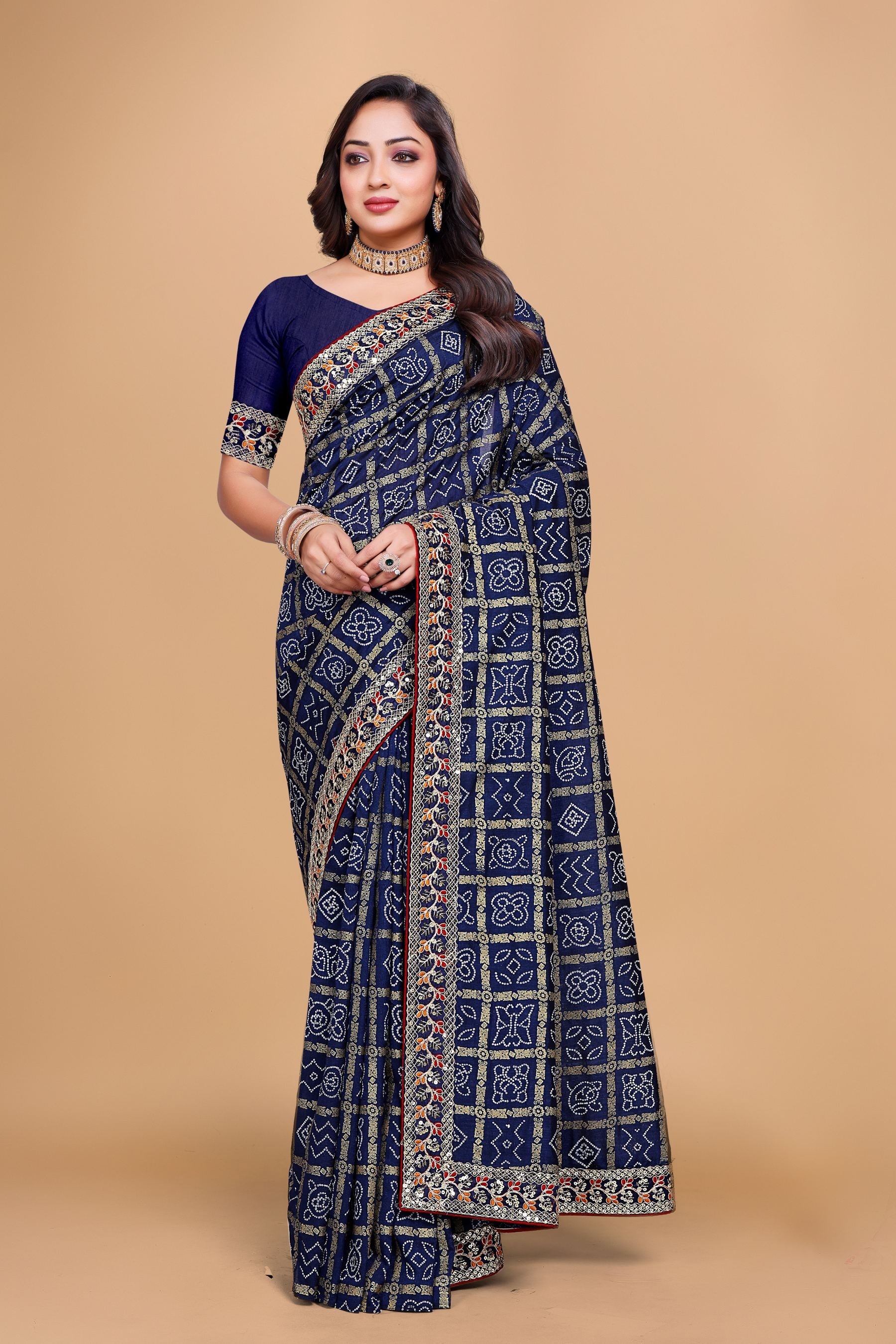 Navy Blue Designer Bandhani Print Georgette Saree with Fancy Lace Border