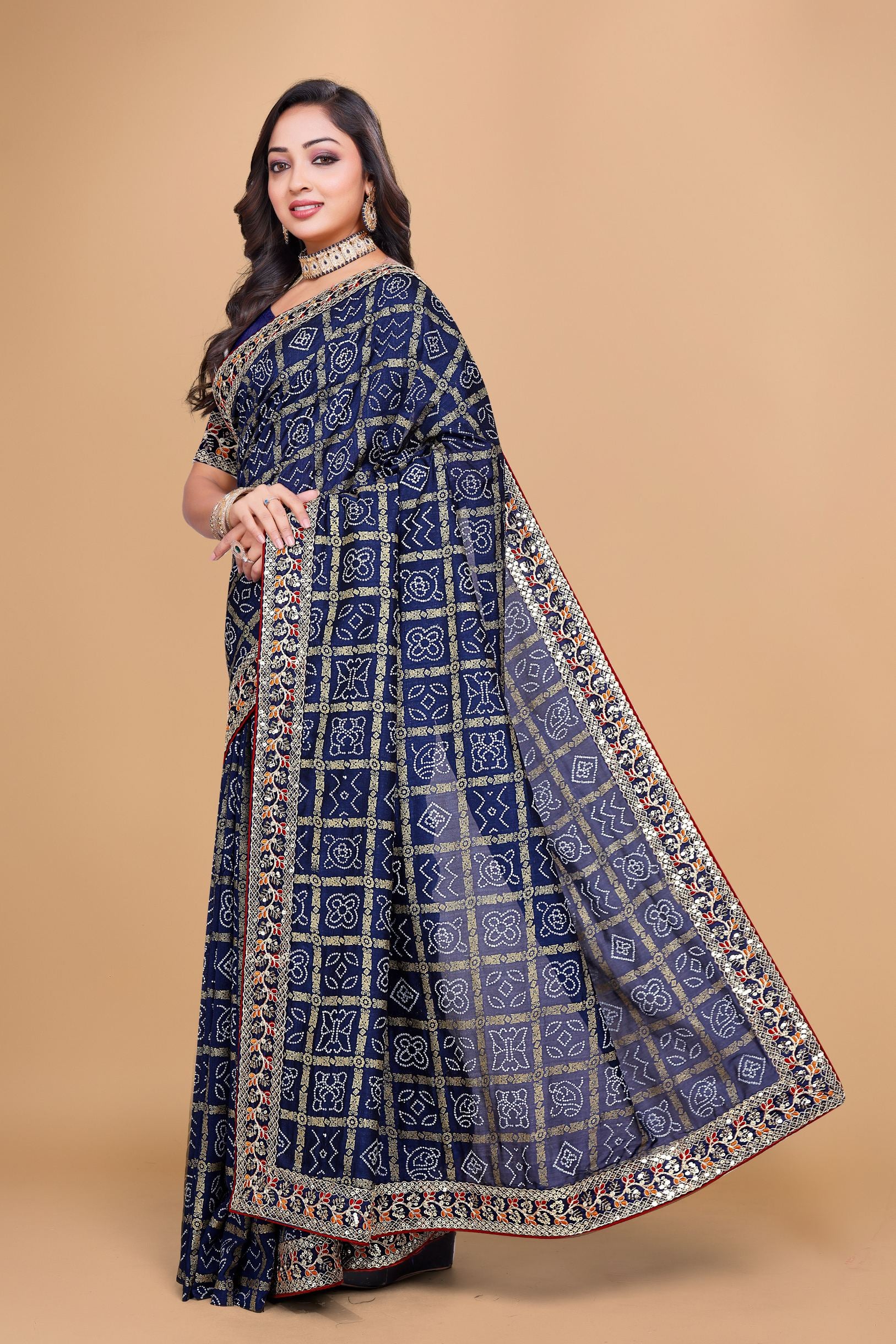 Navy Blue Designer Bandhani Print Georgette Saree with Fancy Lace Border
