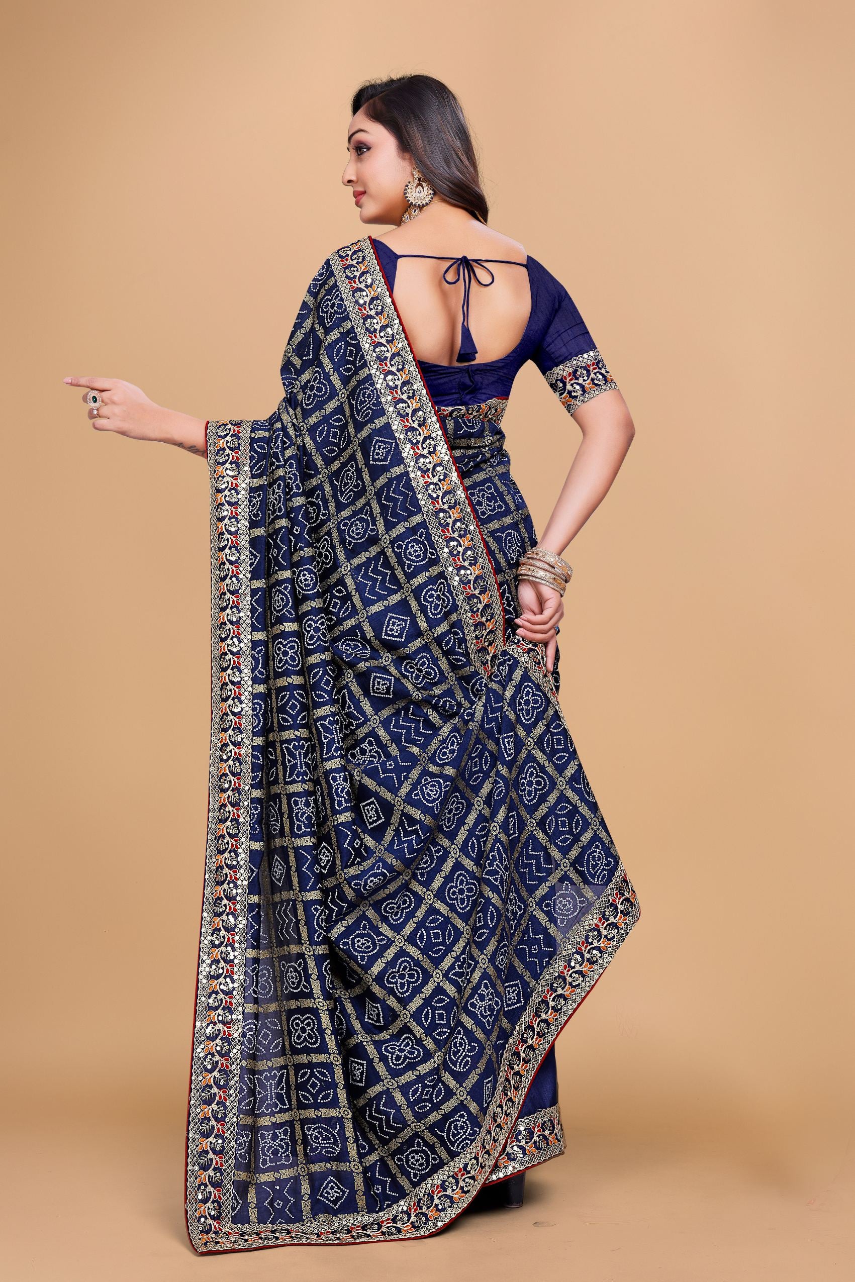 Navy Blue Designer Bandhani Print Georgette Saree with Fancy Lace Border