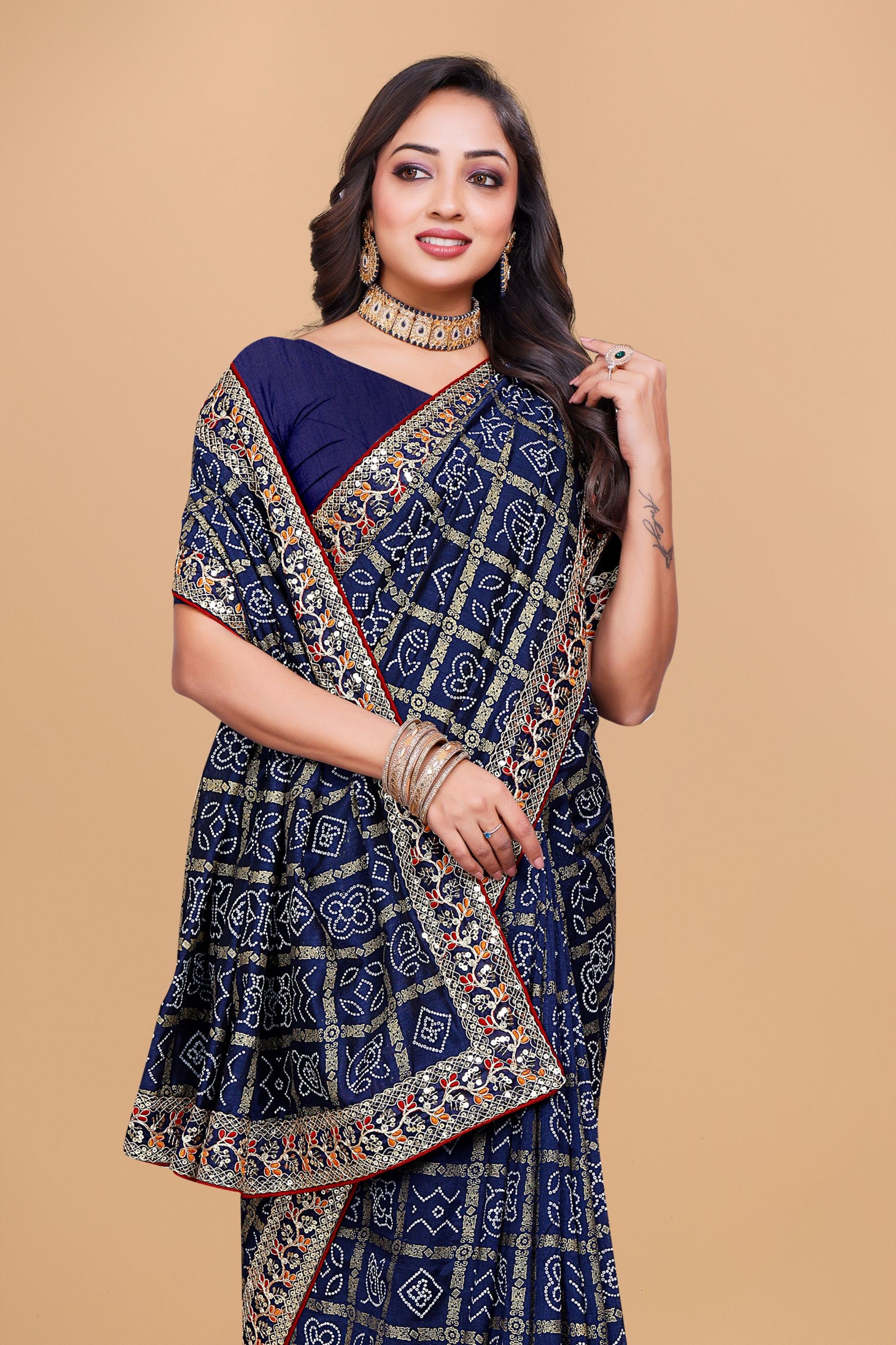 Navy Blue Designer Bandhani Print Georgette Saree with Fancy Lace Border