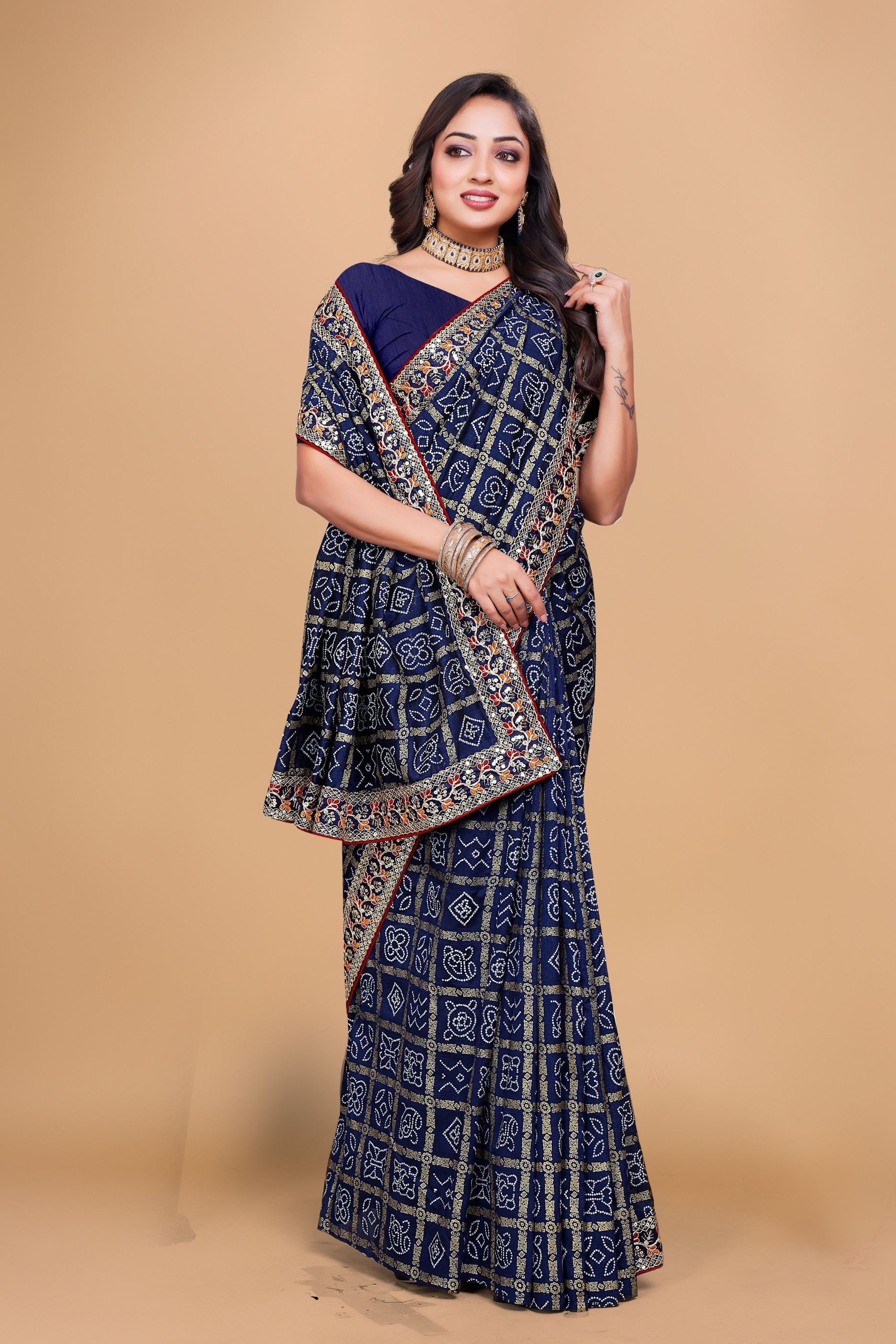 Navy Blue Designer Bandhani Print Georgette Saree with Fancy Lace Border