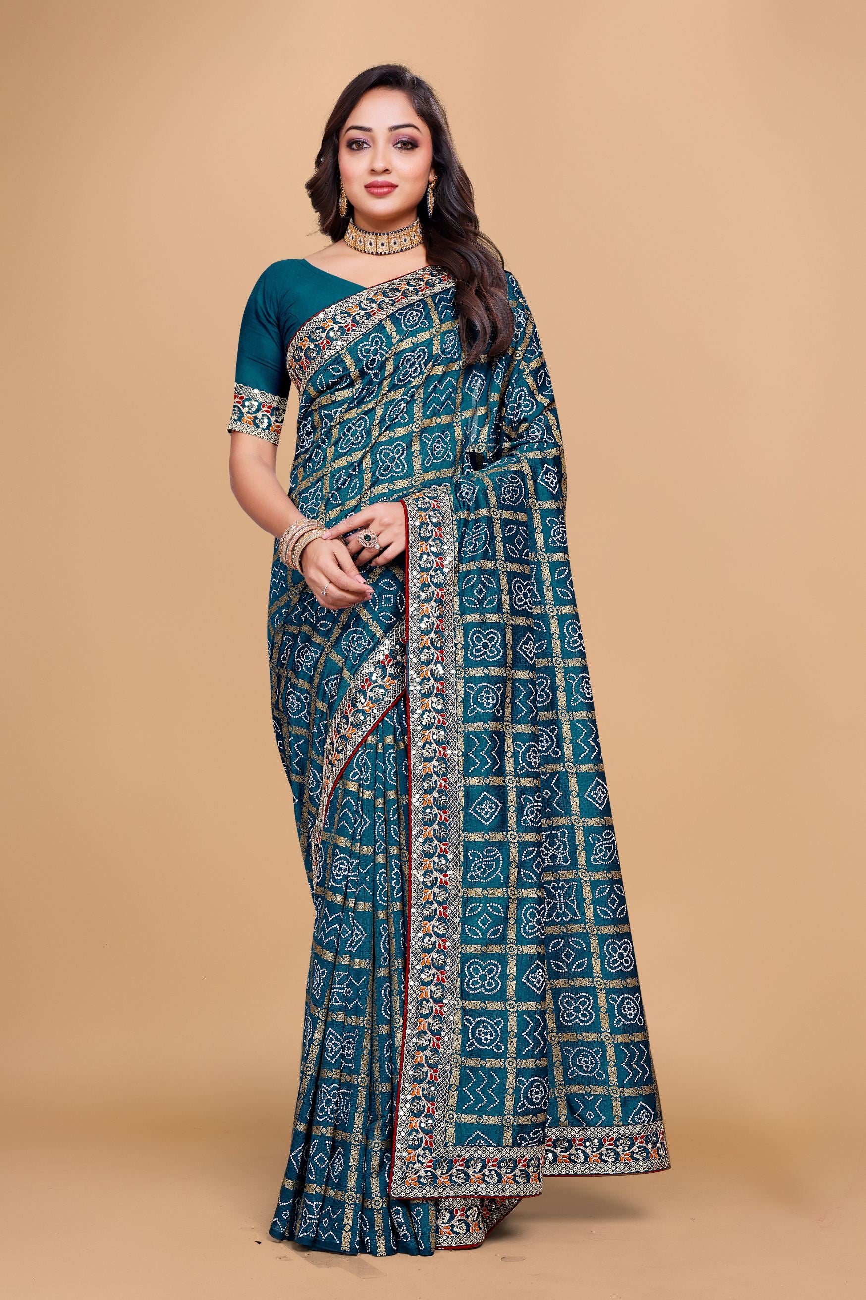 Rama Blue Designer Bandhani Print Georgette Saree with Fancy Lace Border