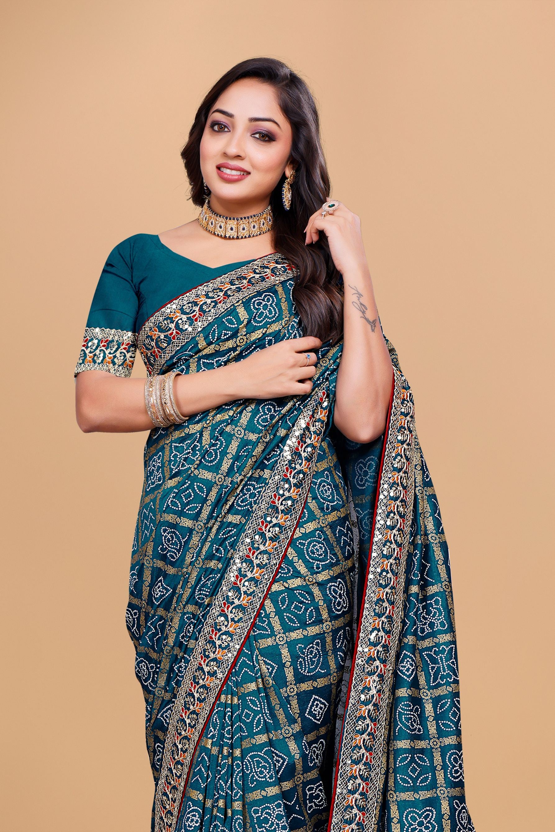 Rama Blue Designer Bandhani Print Georgette Saree with Fancy Lace Border