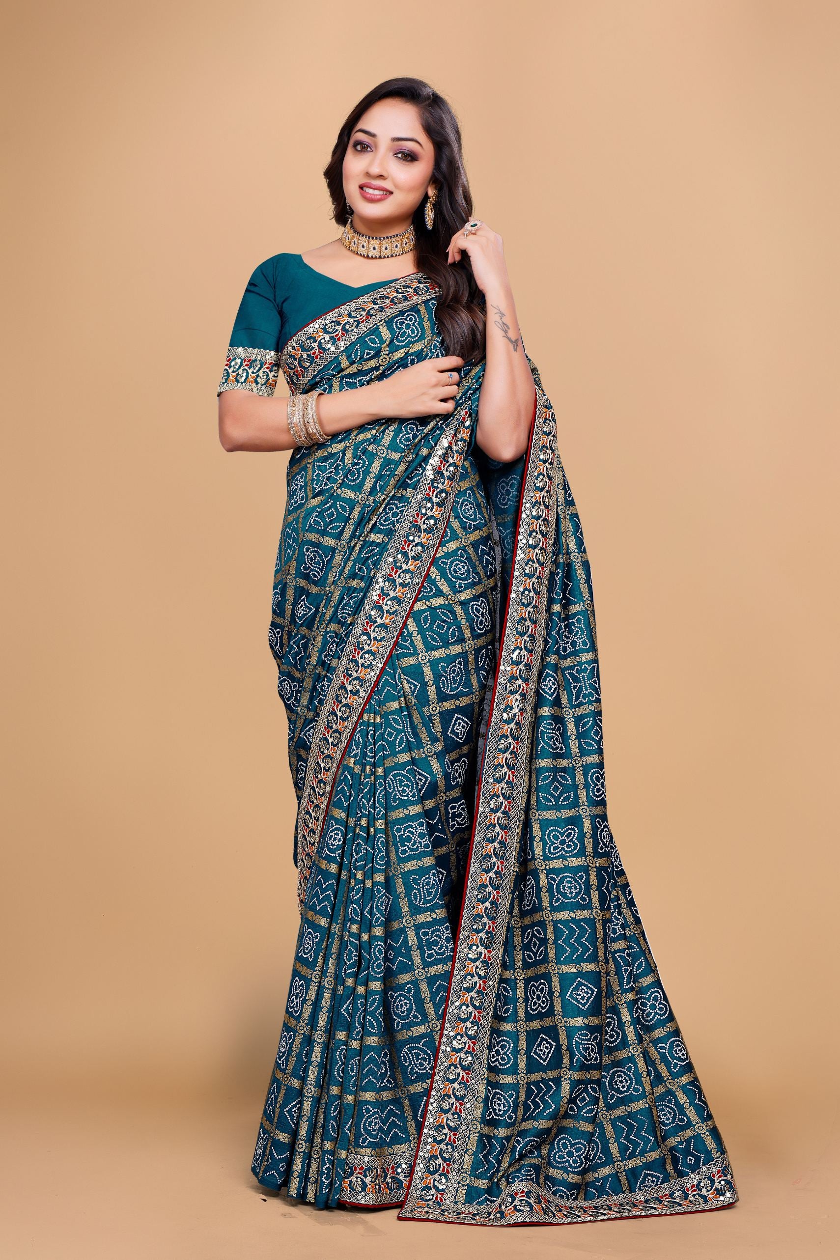 Rama Blue Designer Bandhani Print Georgette Saree with Fancy Lace Border
