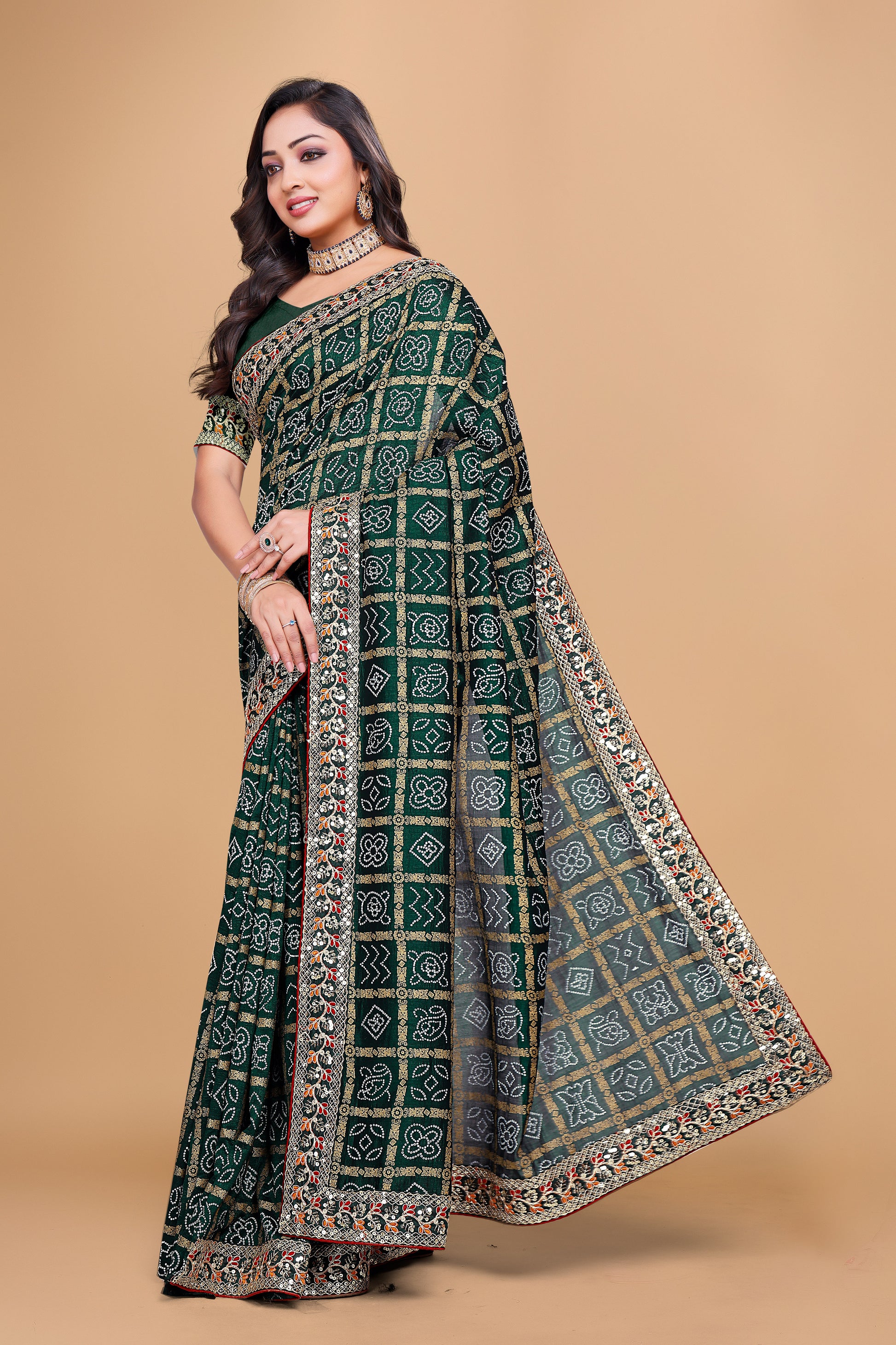Bandhani Fancy Embroidered Silk Saree With Blouse