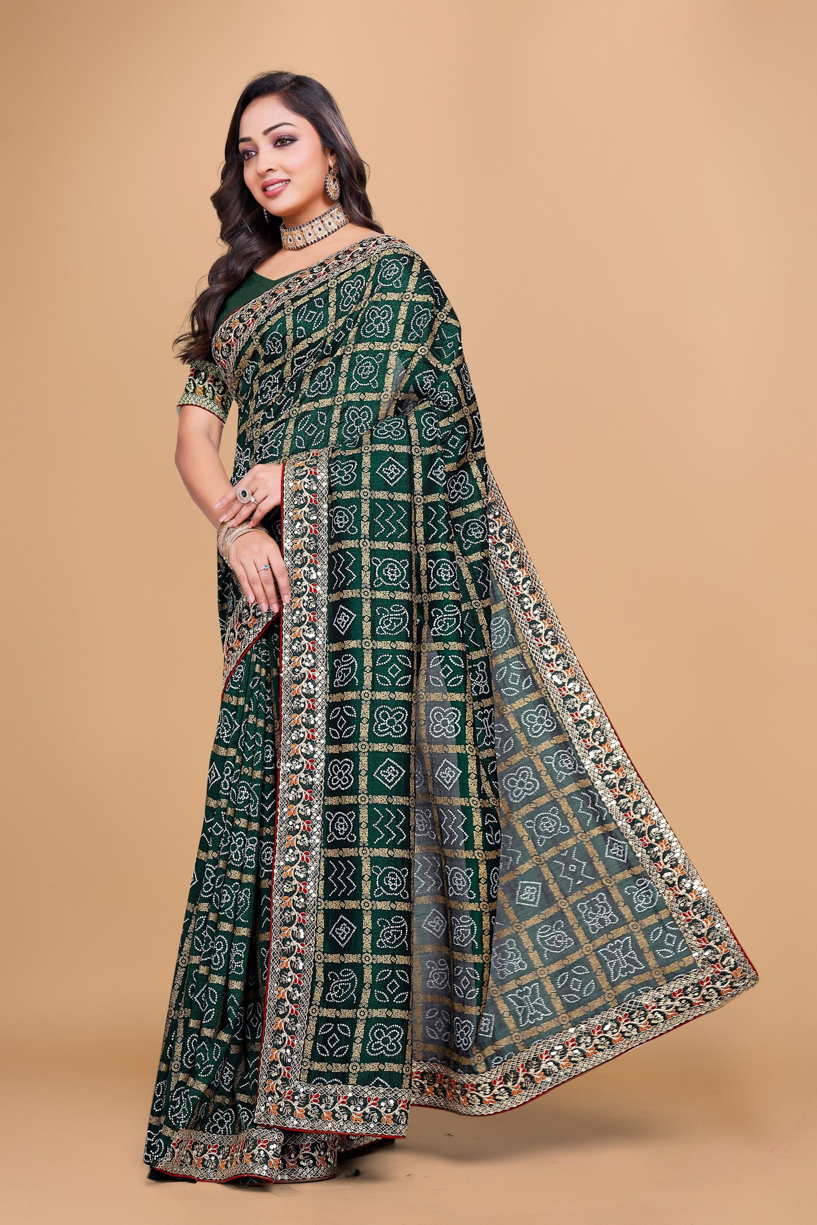 Green Designer Bandhani Print Georgette Saree with Fancy Lace Border