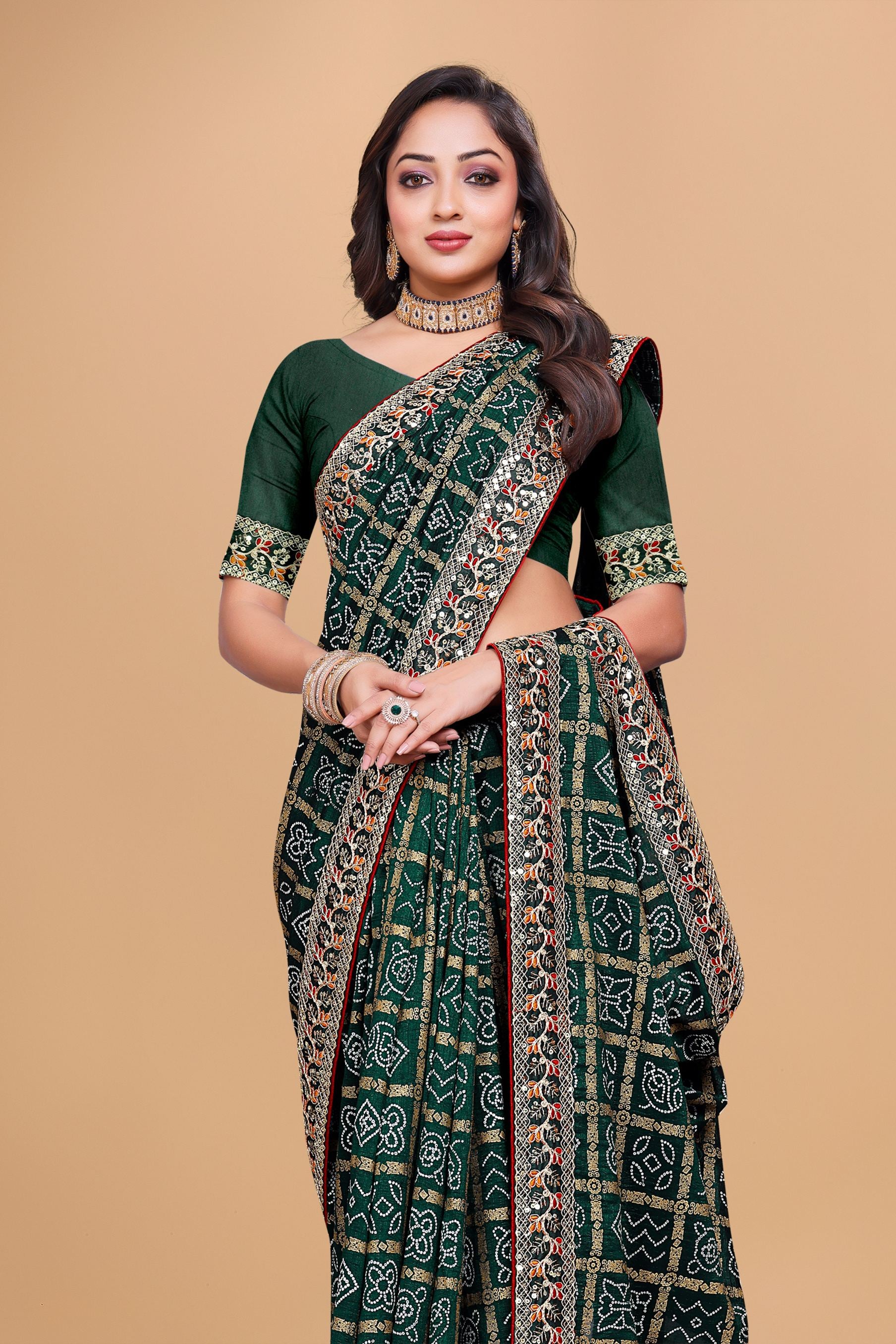 Green Designer Bandhani Print Georgette Saree with Fancy Lace Border