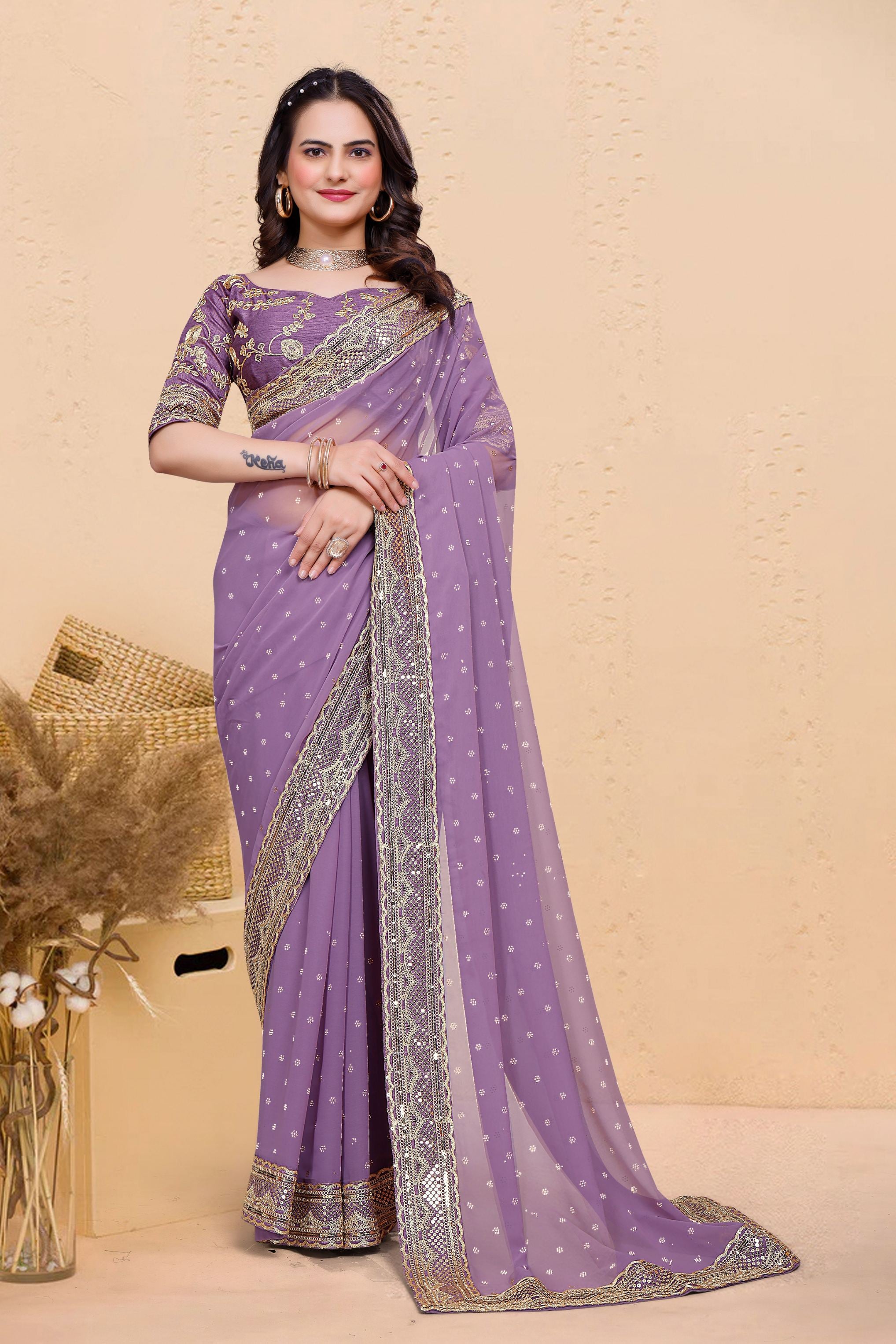 Lavender Soft Georgette Sequence Butti & Heavy Lace Border Saree