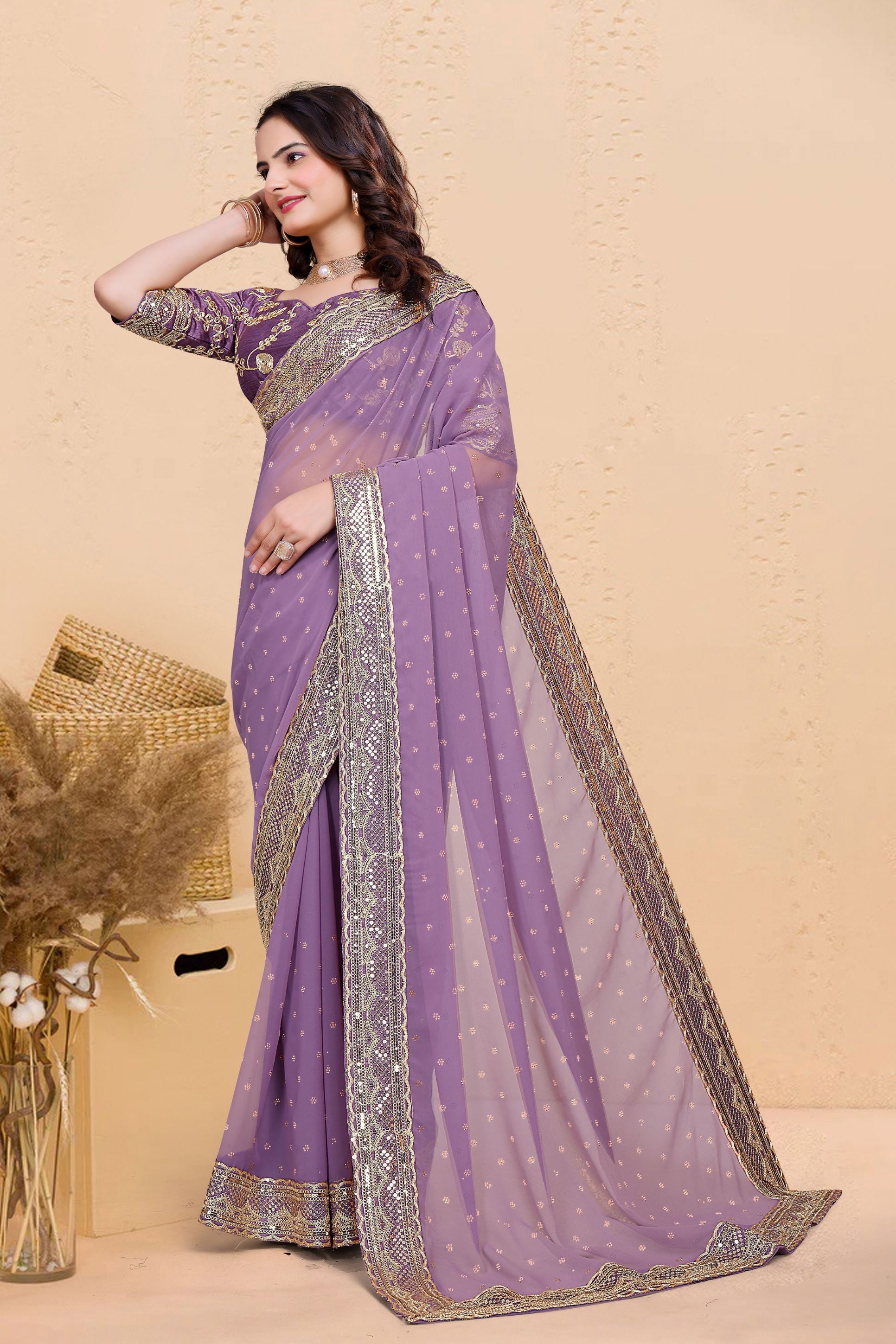 Lavender Soft Georgette Sequence Butti & Heavy Lace Border Saree