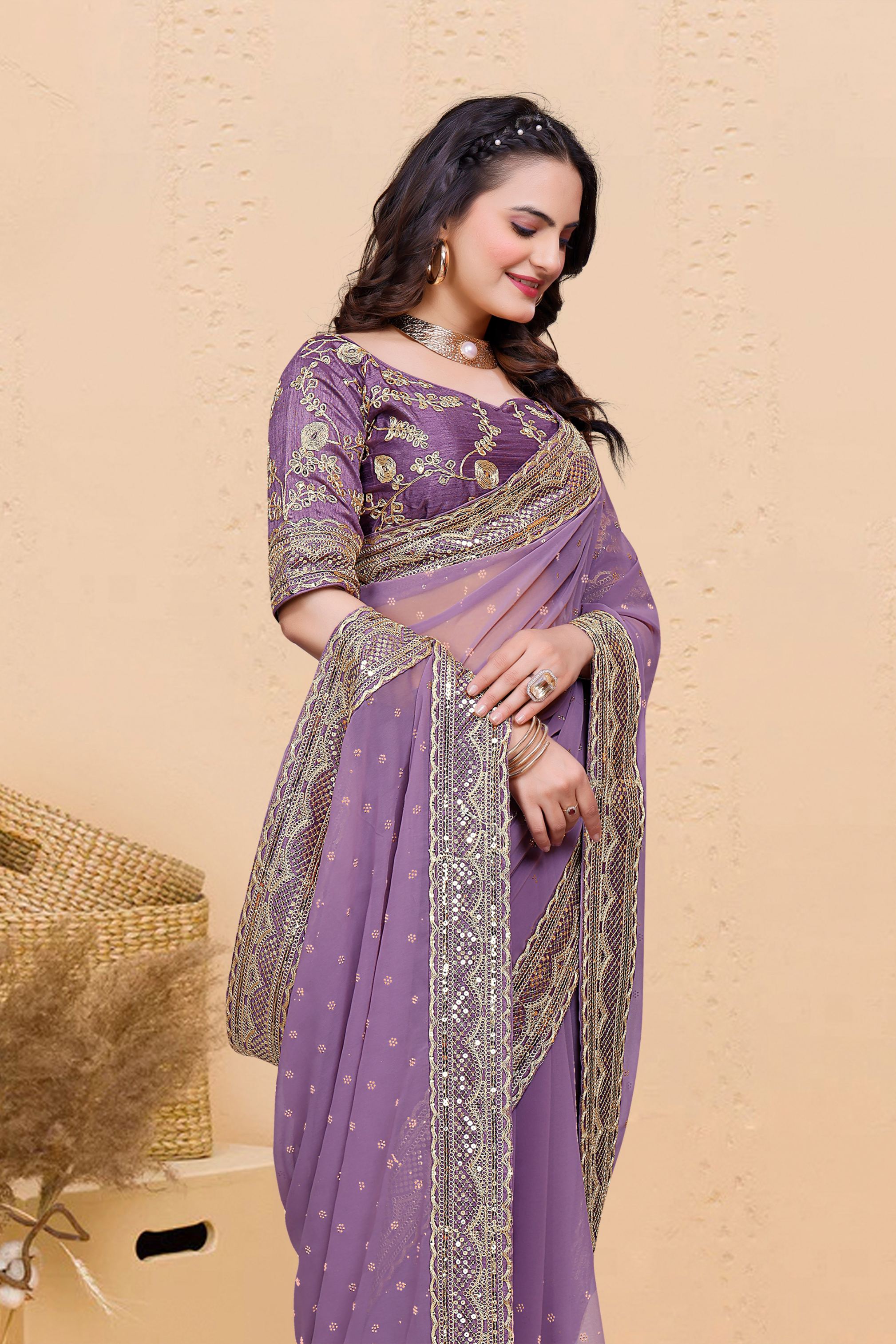 Lavender Soft Georgette Sequence Butti & Heavy Lace Border Saree