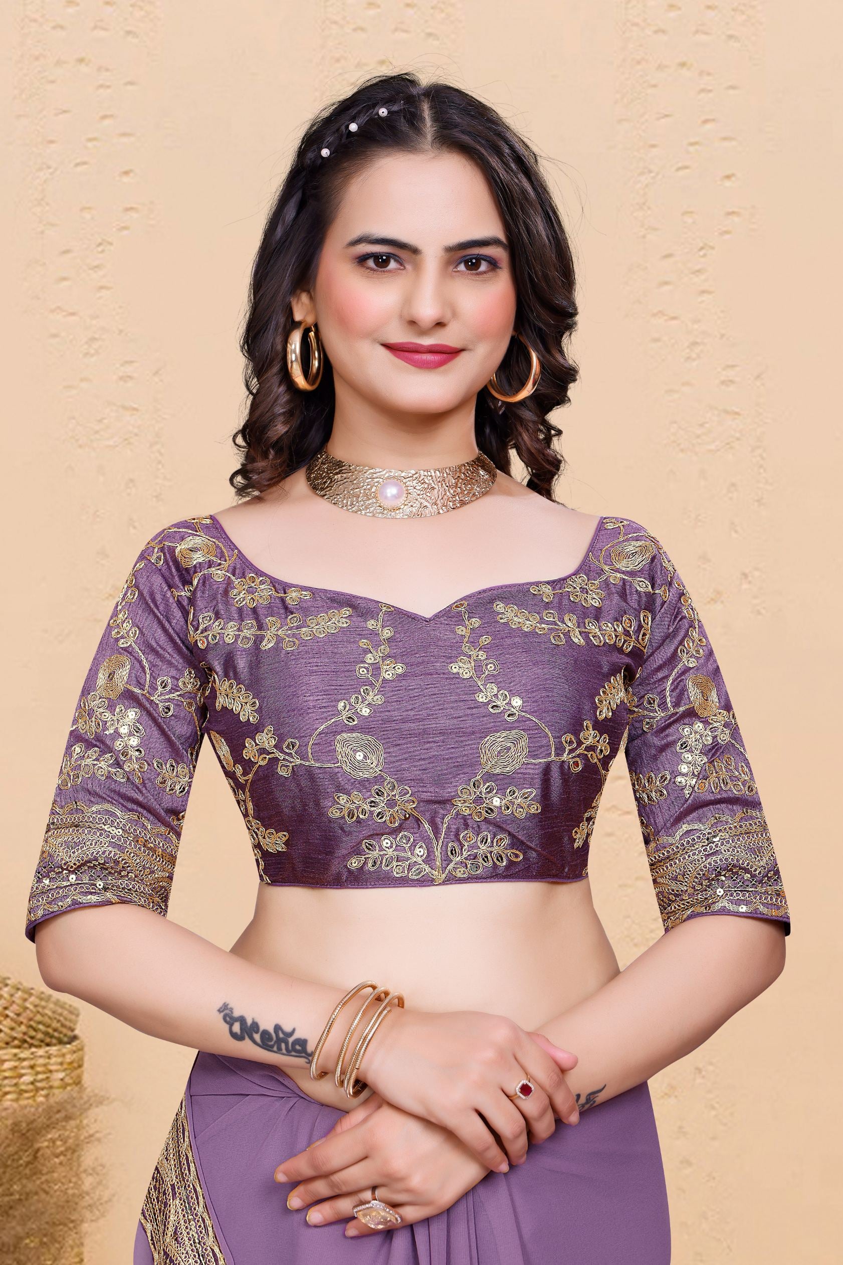 Lavender Soft Georgette Sequence Butti & Heavy Lace Border Saree