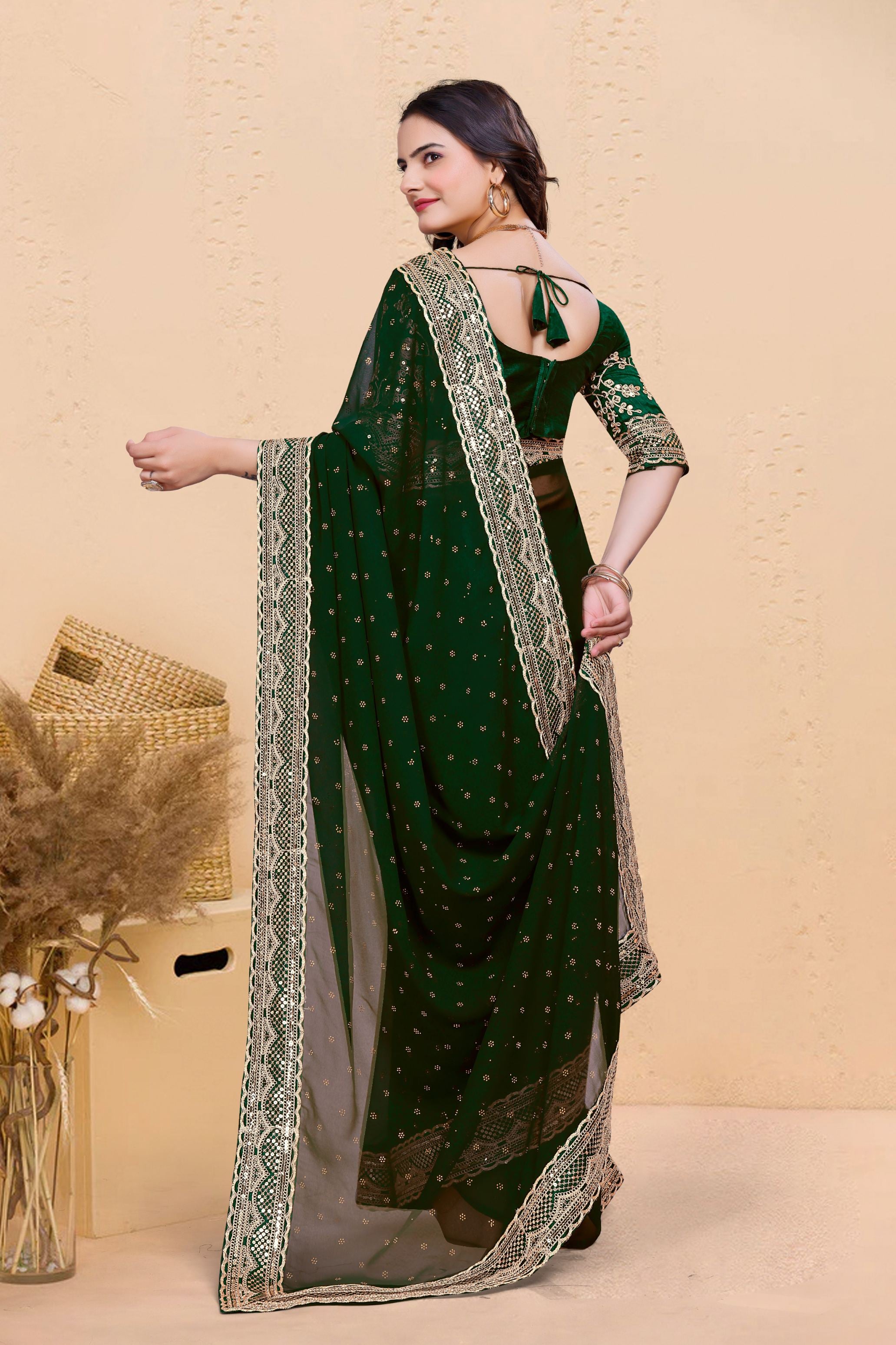 Green Soft Georgette Sequence Butti & Heavy Lace Border Saree