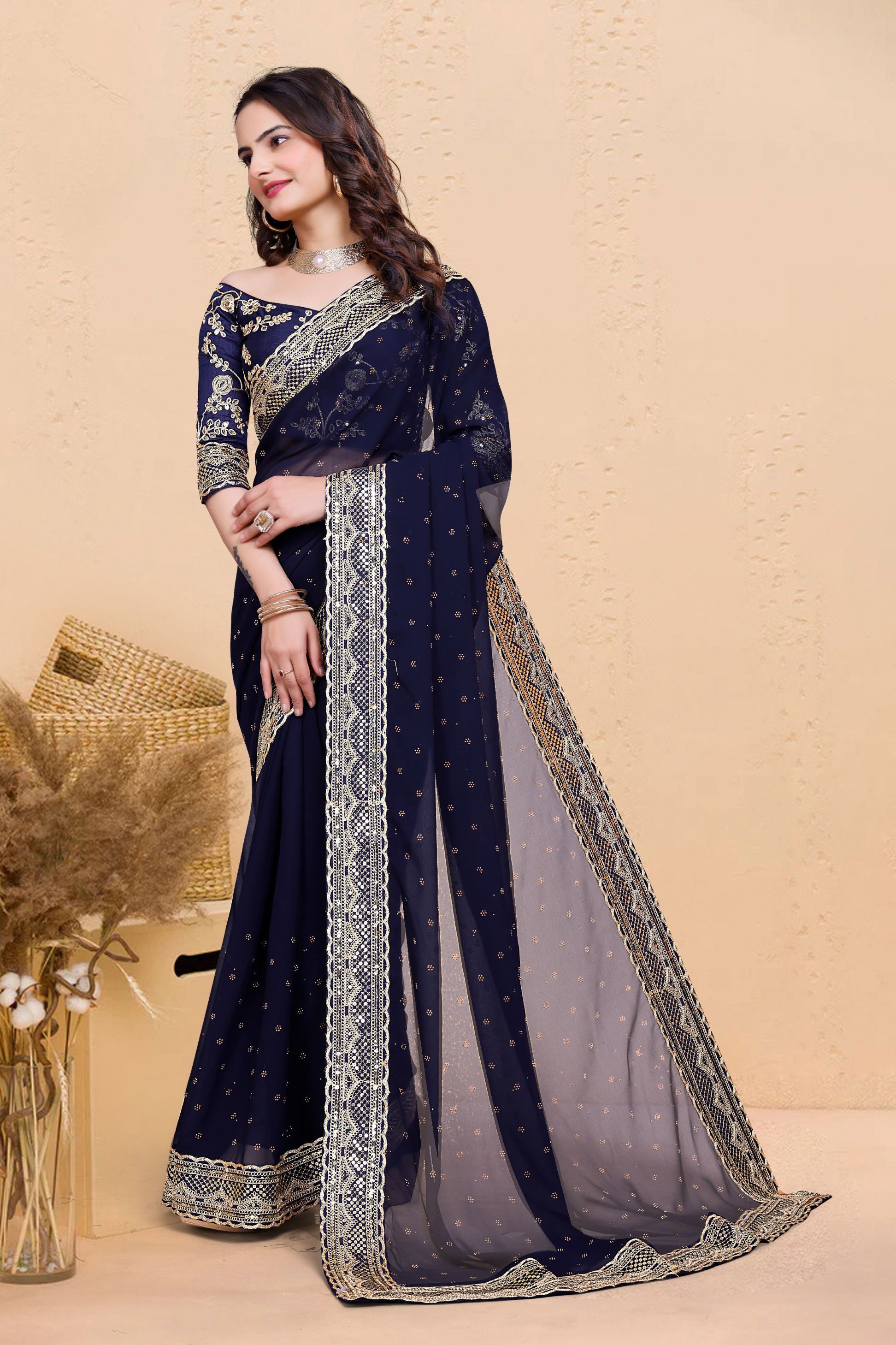 Navy Blue Soft Georgette Sequence Butti & Heavy Lace Border Saree