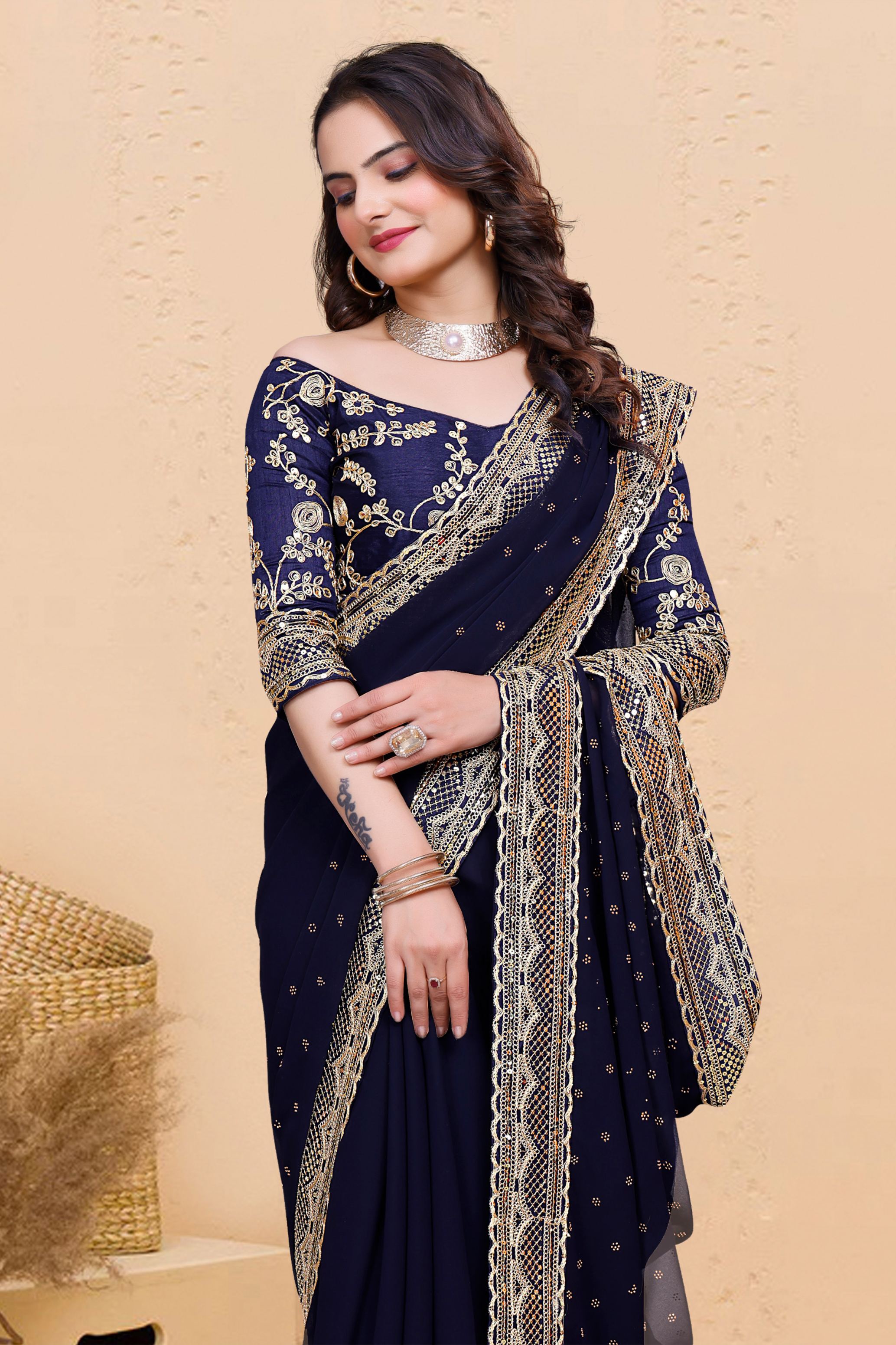 Navy Blue Soft Georgette Sequence Butti & Heavy Lace Border Saree
