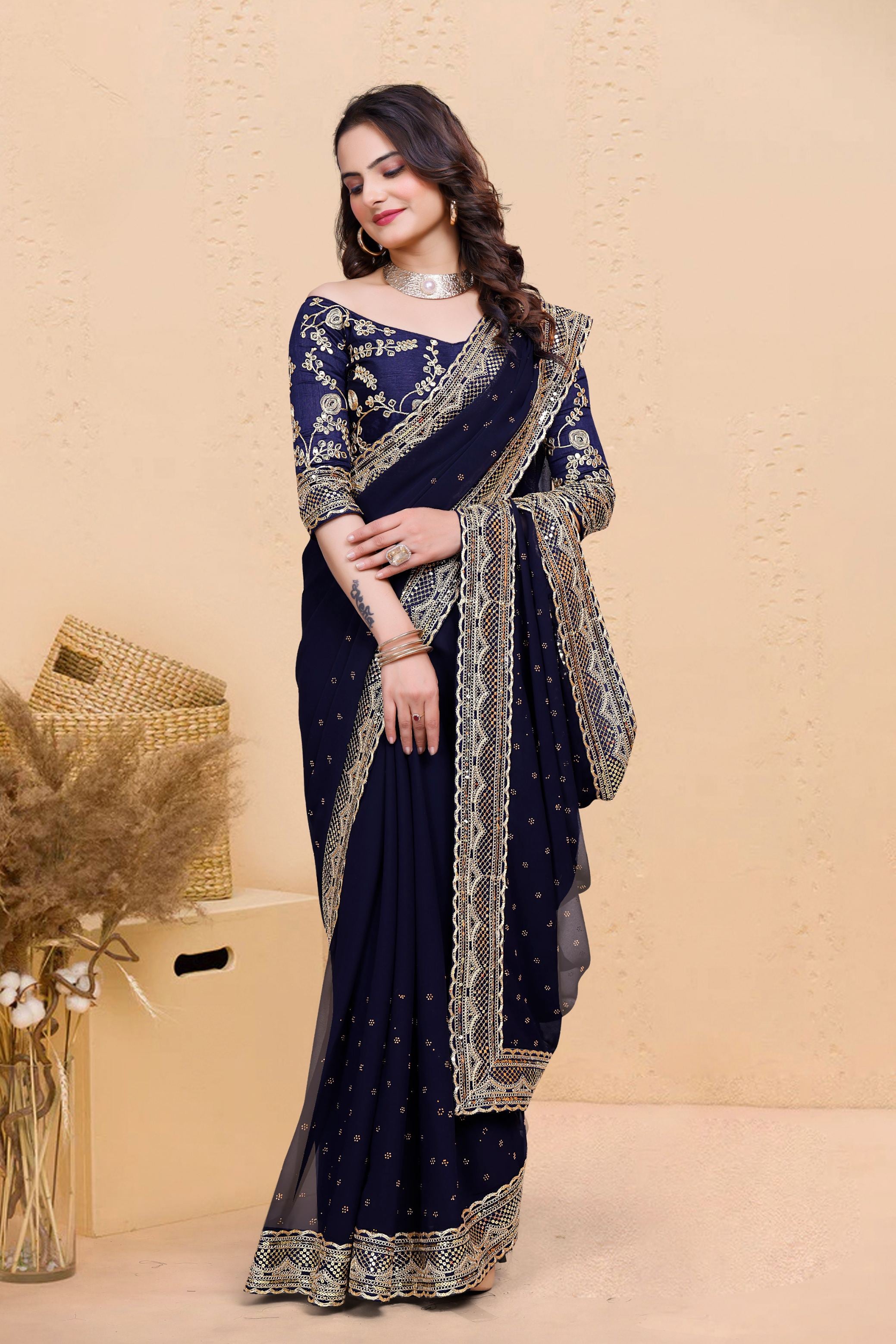 Navy Blue Soft Georgette Sequence Butti & Heavy Lace Border Saree