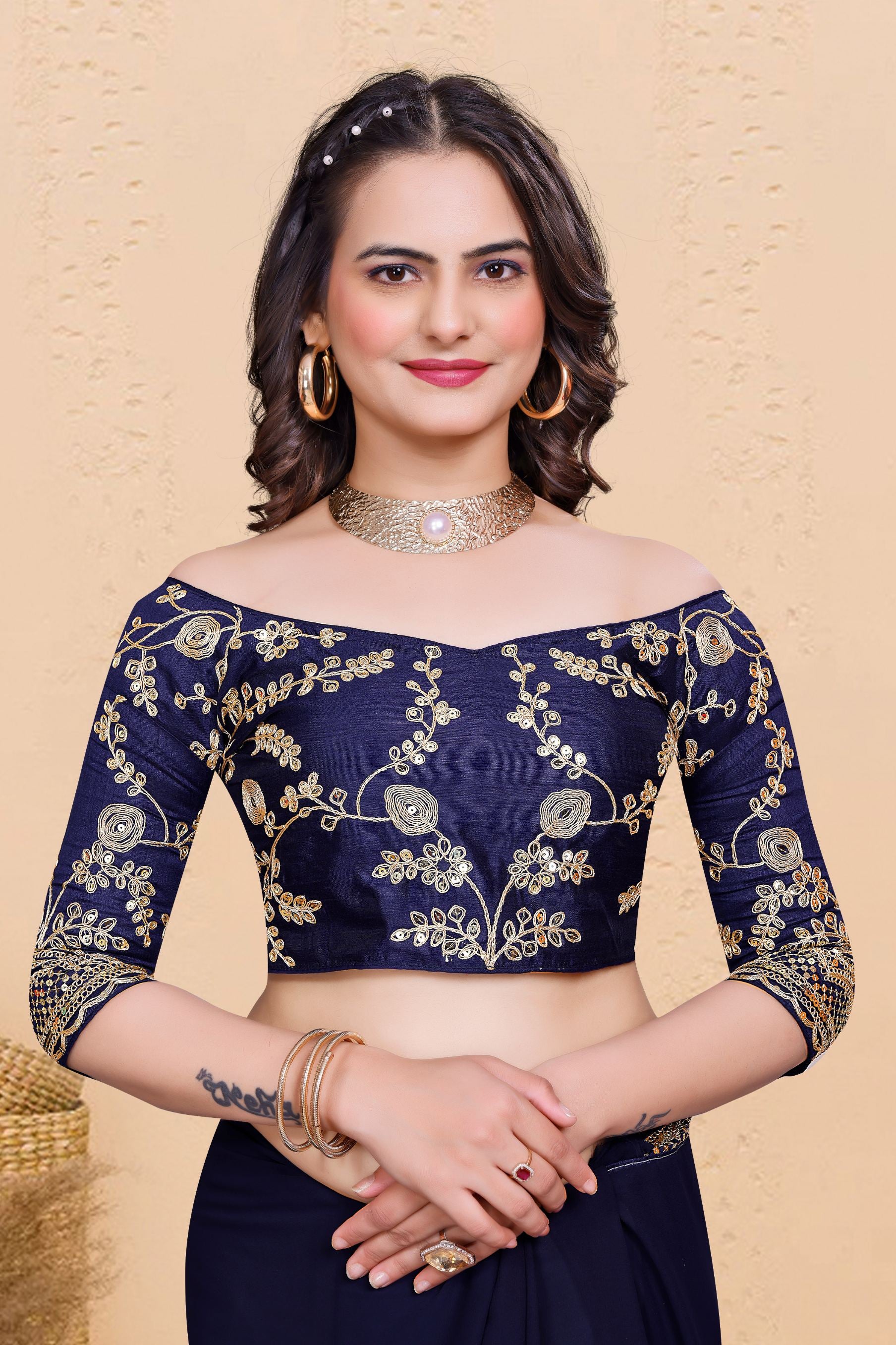 Navy Blue Soft Georgette Sequence Butti & Heavy Lace Border Saree