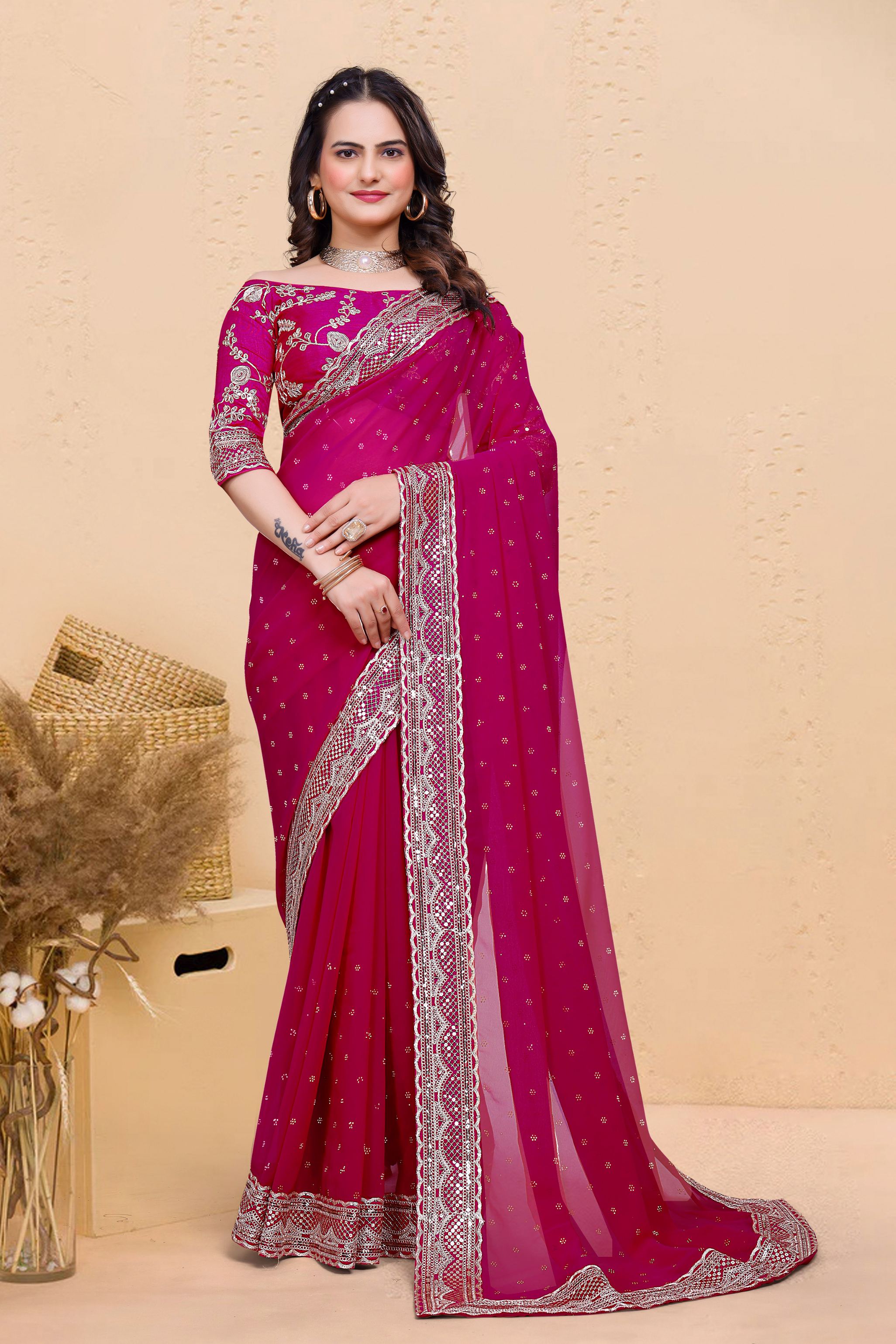 Rani Soft Georgette Sequence Butti & Heavy Lace Border Saree