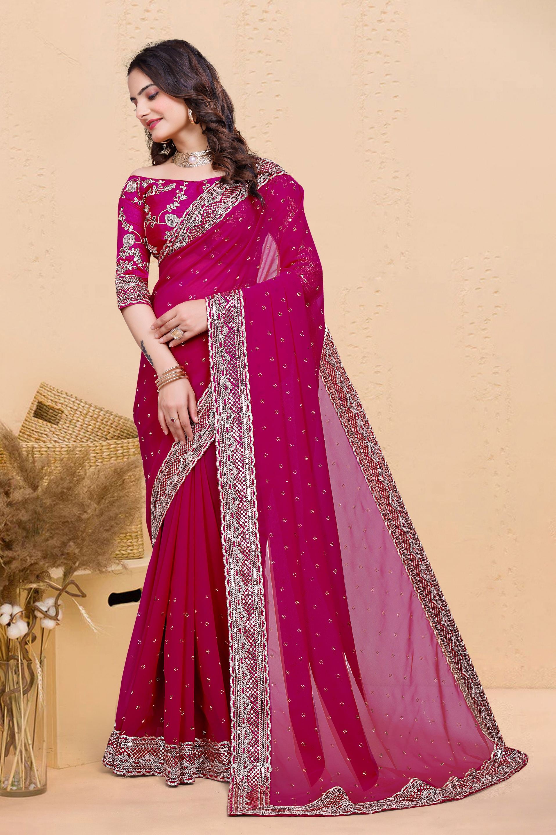 Rani Soft Georgette Sequence Butti & Heavy Lace Border Saree